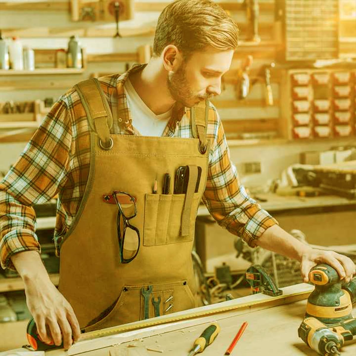Grembiule di legno regalo uomo cintura di legno 9 tasche utensili tasca magnetica resistente grembiule di lavoro in tela cerata