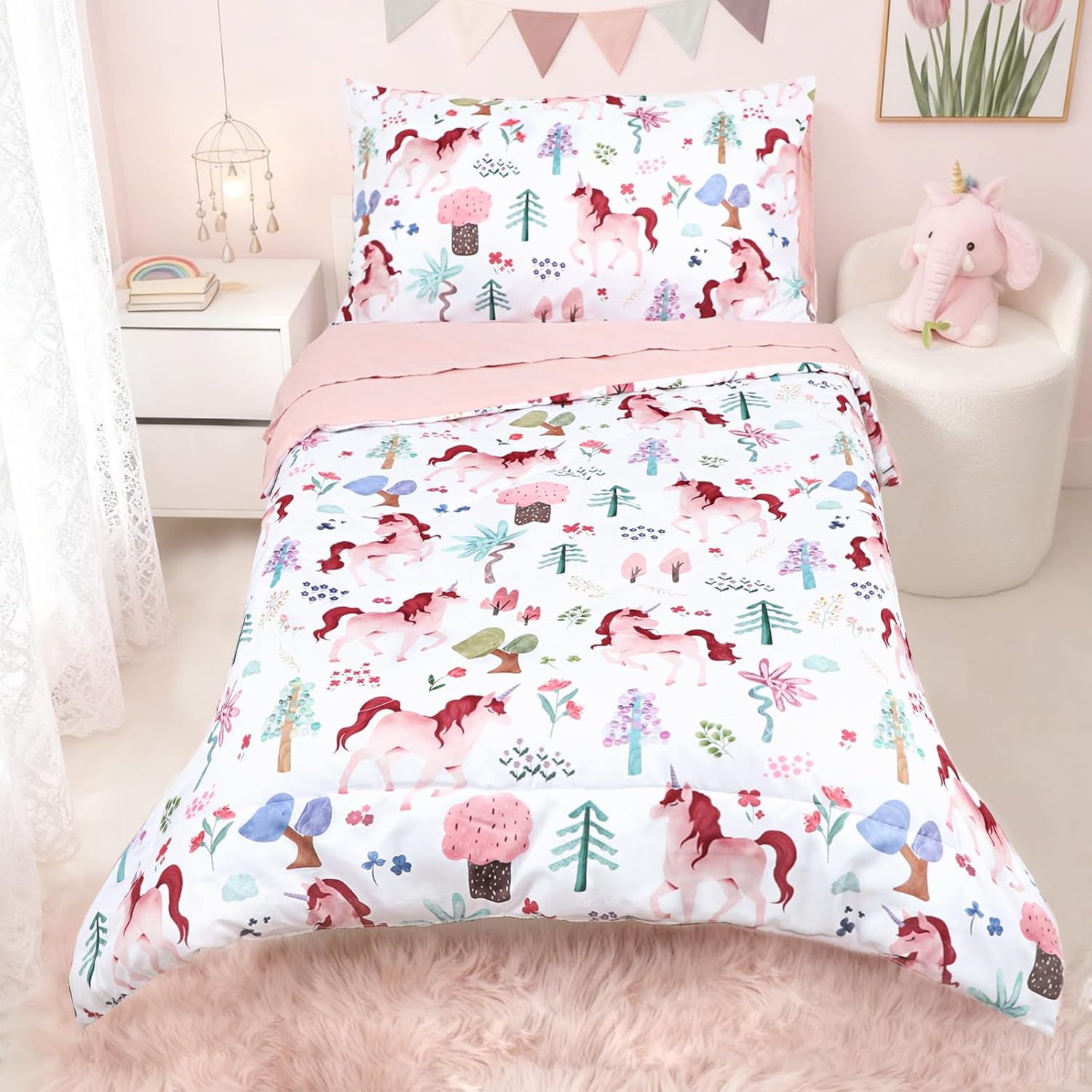 Toddler Bedding Set for Girls, Kids Comforter Set Pink Reversible, Ultra Soft & Lightweight Crid Bedding Set Includes Comforter, Flat Sheet, Fitted Sheet, Pillowcase (Forest)