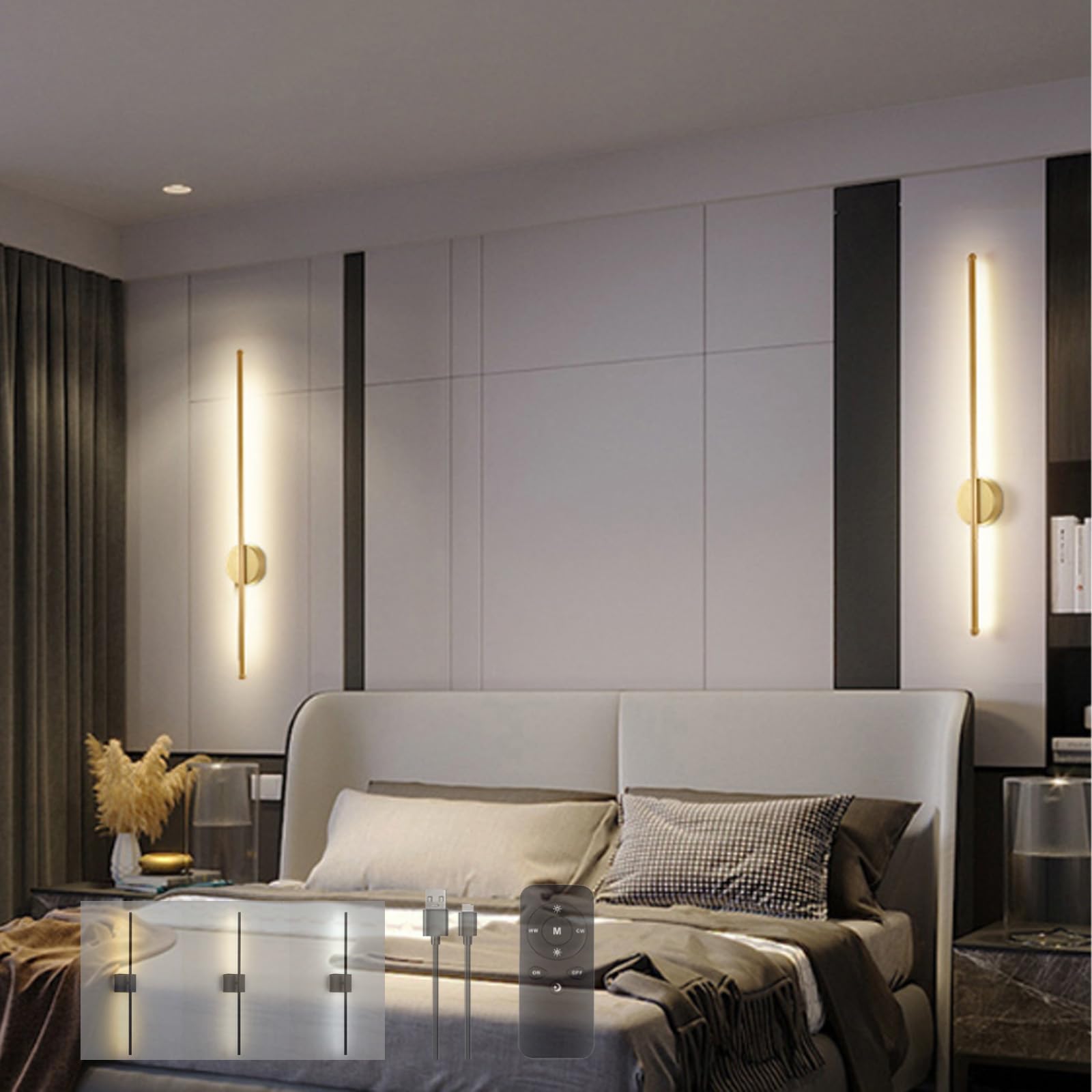 TZSMUM Battery Operated Wall Lights Indoor with Remote Control Wall Lamp USB Rechargeable LED Wall Sconce Dimmable 350° Rotation Black 72CM Modern Living Room Bedroom Hallway (2 Packs,Round Gold)