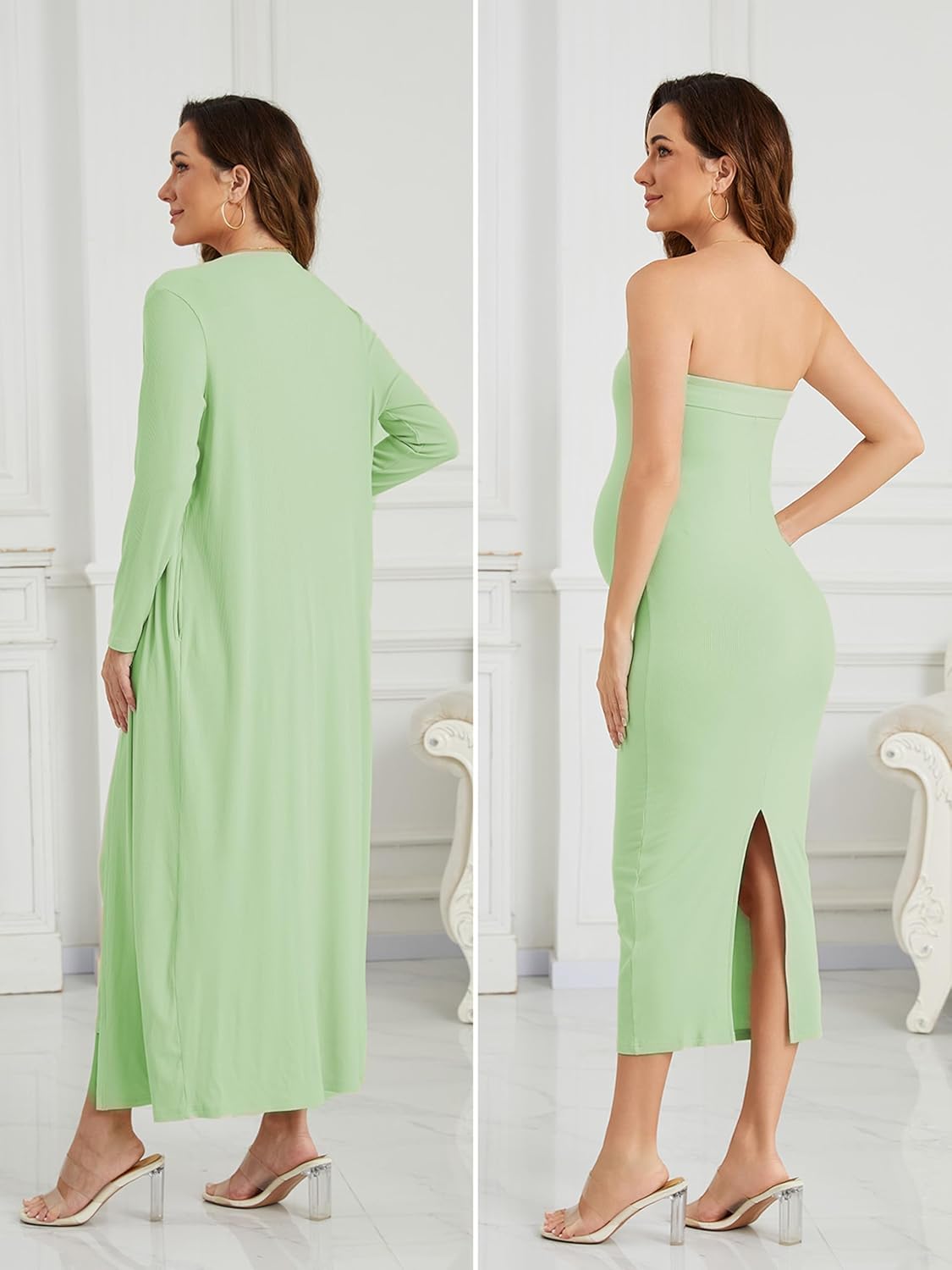 Ecavus Maternity Tube Dress Long Cardigan 2 Piece for Baby Shower and Wedding Guest Ribbed Maternity Photoshoot Dresses