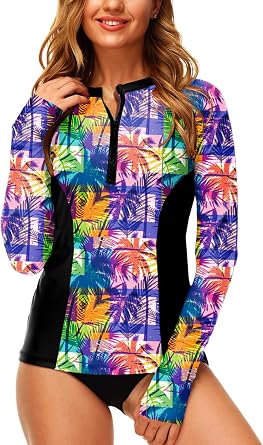 AOBUTE Women Zip Rash Guard UPF 50+ Surf Swim Shirts with Thumb Hole