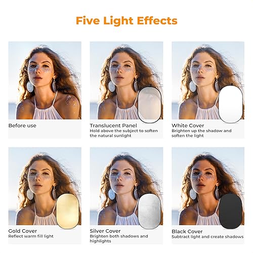 Miniatura 2 de K&F CONCEPT 24" x 36" (60x90cm) Reflector Oval Plegable 5 en 1 con Bolsa de Transporte, Tela Reflectante Oro, Plata, Negro, Blanco y Tela