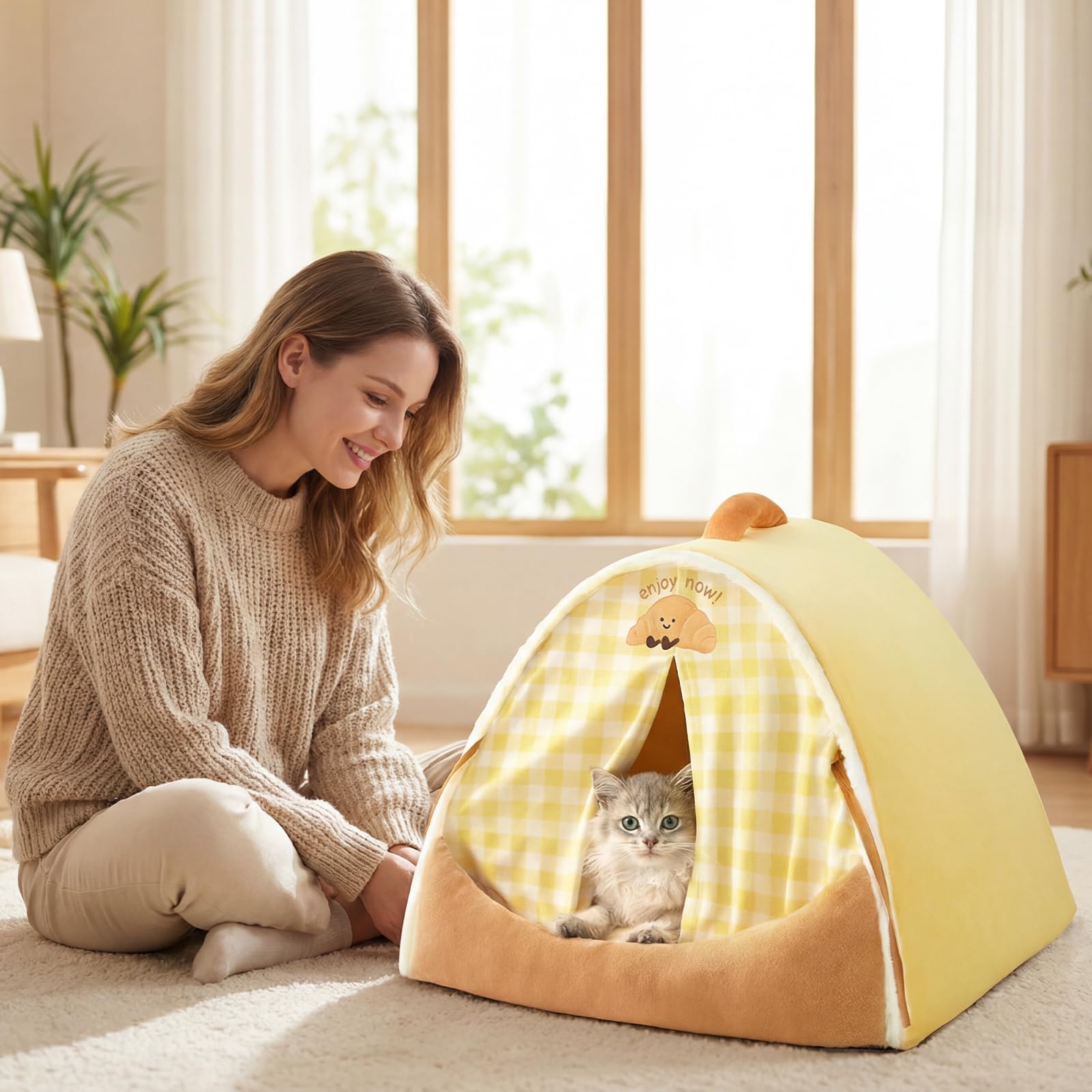 Galatée Maison pour Chat, Lit Igloo pour Chat Chaud Et Confortable, Lit pour Animaux De Compagnie Amovible Et Lavable, Nid pour Chien Mignon avec Coussin Amovible(L, Jaune)