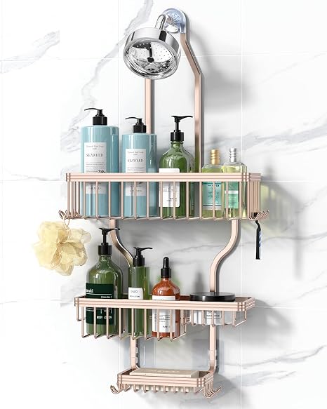 YASONIC Shower Caddy Hanging - Never Rust Organizer - Aluminum over The head caddy with 10 Hooks for Razor/Sponge - Shower Rack with Soap Basket - Grey