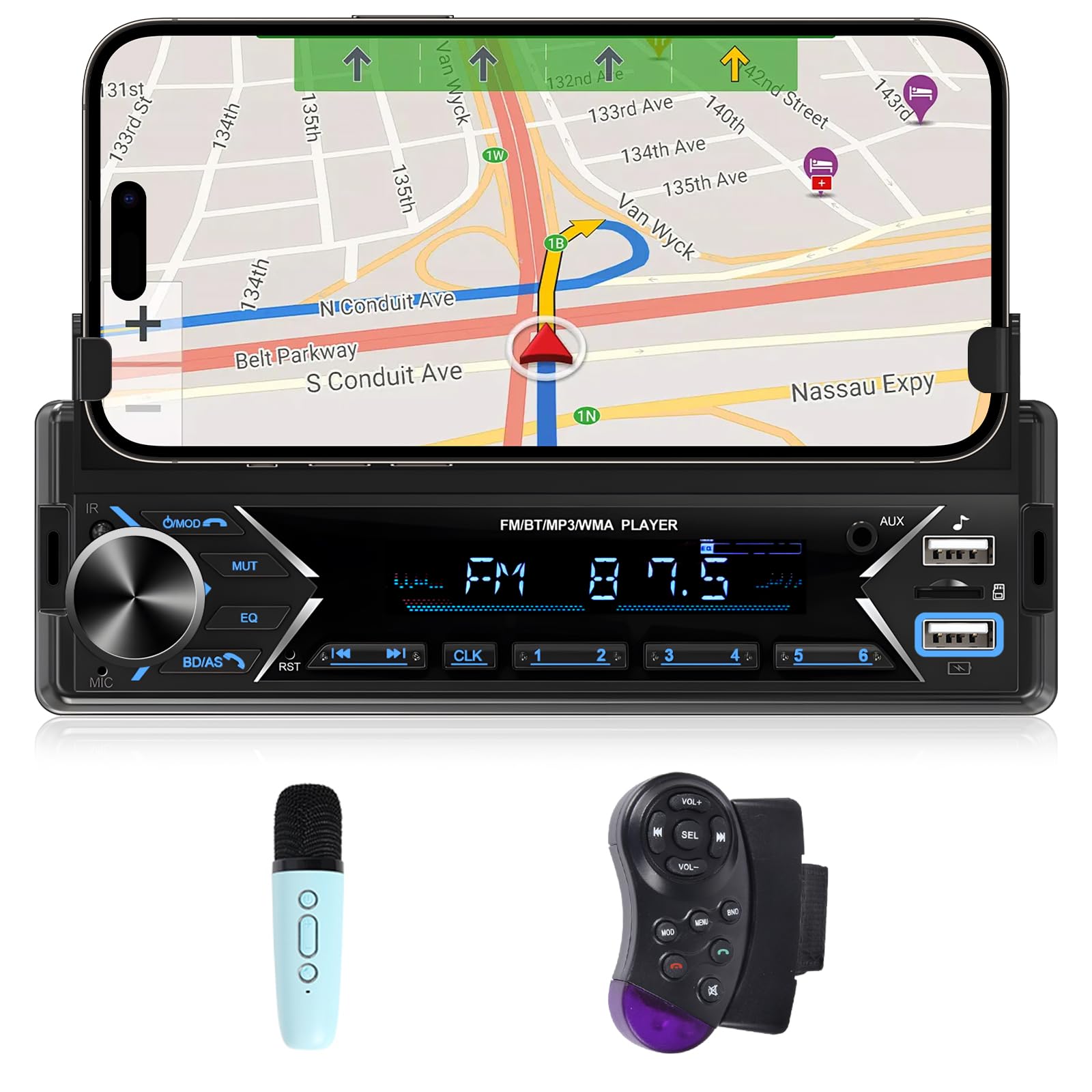 NHOPEEW Autoradio 1 Din con Bluetooth - Lettore MP3 Supporto per telefono - Doppia porta USB/TF Card/Radio FM/Ingresso AUX/Comando al volante/Pulsanti luminosi + microfono wireless