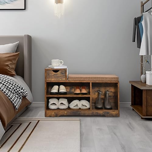Miniatura 9 de GOFLAME Zapatero con asiento acolchado, organizador de almacenamiento de zapatos de 2 niveles con cajón y estante abierto, cubos de almacenamiento,