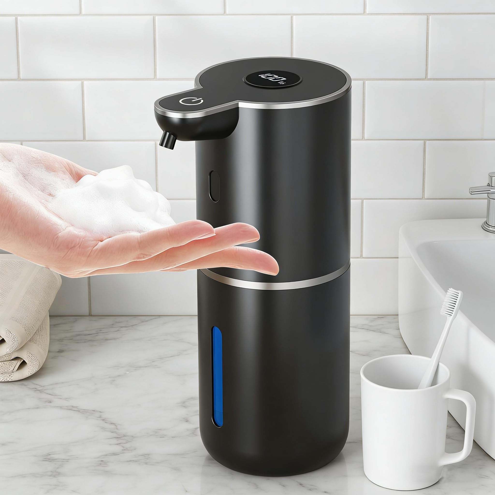 Fantictas Seifenspender Automatisch, Elektrischer Schaumseifenspender mit Display, USB-Wiederaufladbarer,6-Stufig Einstellbar, 380ml Wandmontage für Badezimmer/Küche/Geschirrspülmittel, Schwarz