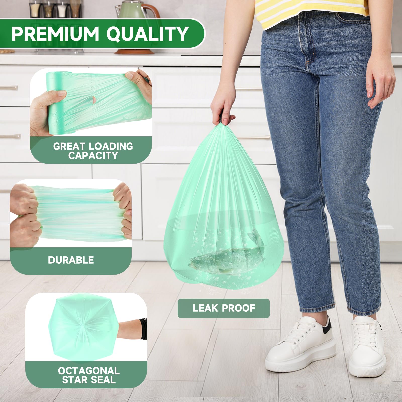 Bolsa de basura pequeña de 3 galones, color verde, mini bolsas de basura biodegradables, para cocina, oficina, coche, sin perfume, 100 unidades, 12 litros, compostables, fuertes y gruesas Chenyucheng