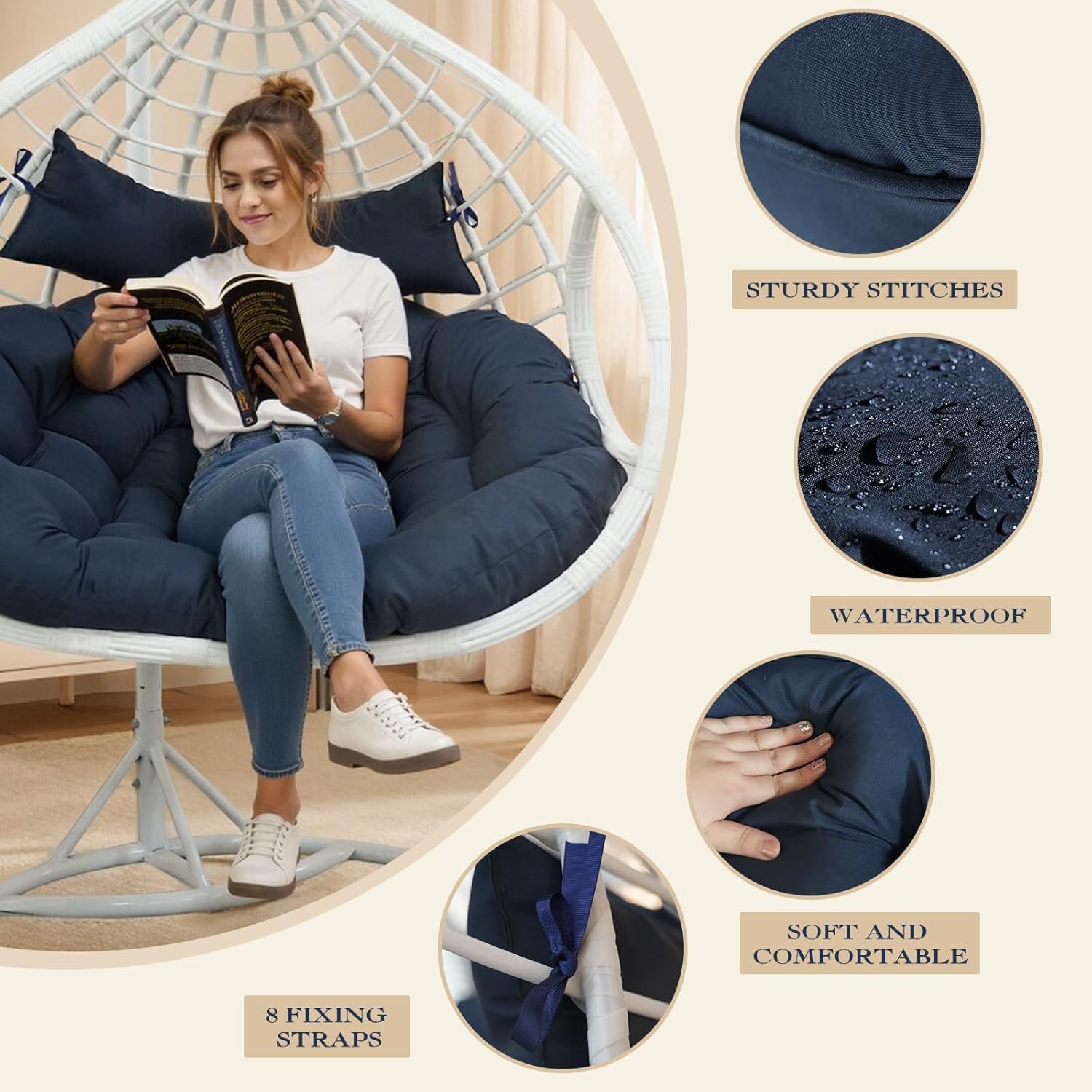 Double Egg Chair Cushion Replacement 55x35in -Thickened Waterproof Removable Double Hanging Egg Chair Cushions, Swing Chair Cushion, Indoor/Outdoor Patio Hanging Basket Chair Cushions,Blue