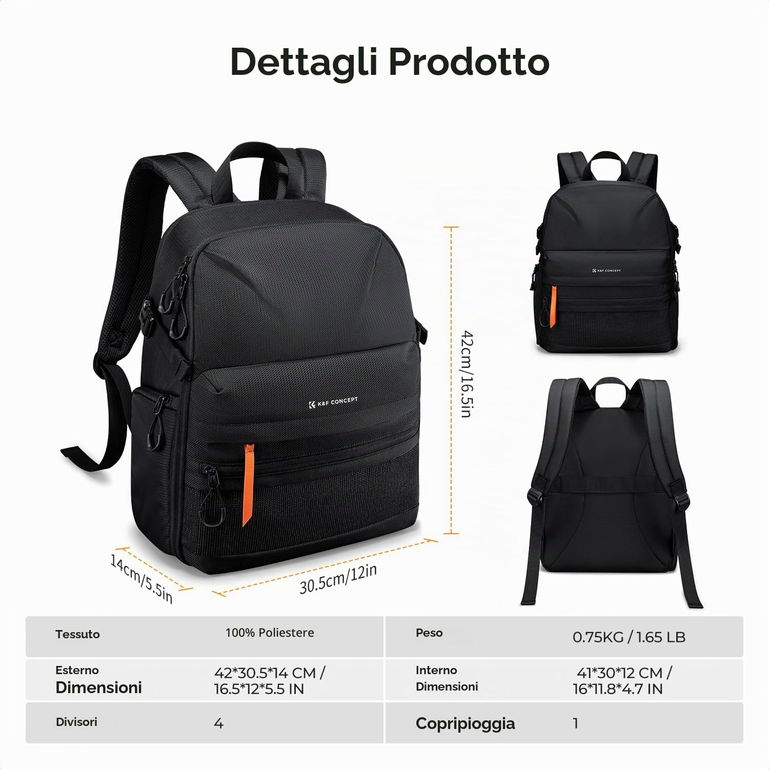 K&F CONCEPT Zaino Fotografico Leggero 25L Impermeabile | Capacità 25L, laptop 15.8", copertura antipioggia, divisori rimovibili, accesso rapido laterale, tasche frontali B23