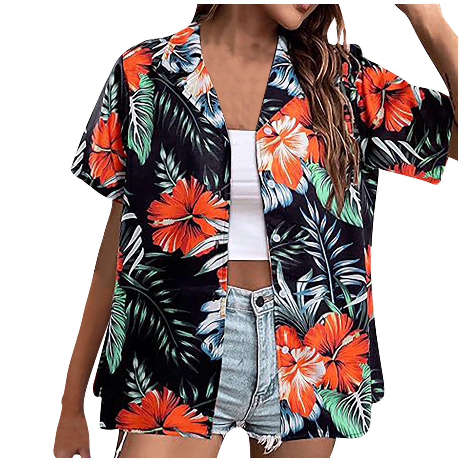 yiouyisheng Camisa hawaiana de manga corta para mujer, camisa hawaiana de verano, blusa hawaiana, blusa hawaiana, bolsillo frontal, fiesta, camisas hawaianas, ropa hawaiana, ropa para mujer, estampado hawaiano,