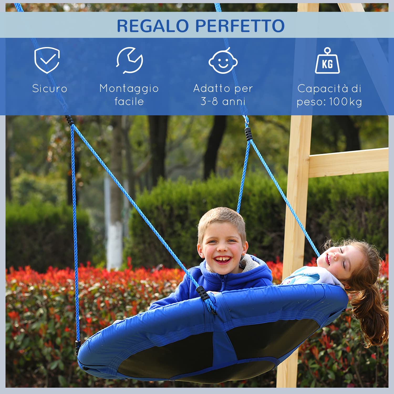 HOMCOM Altalena da Giardino per Bambini tra 3 e 8 anni, Altalena per Bambini da Interno ed Esterno 100x180 cm, Carico Massimo 100kg