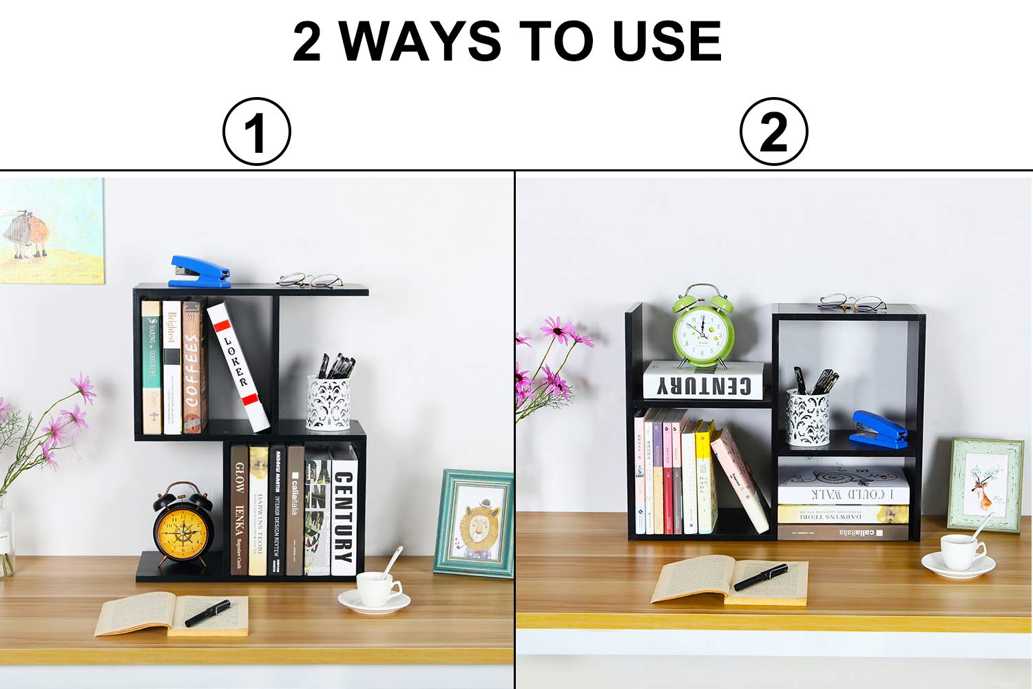 PAG Desktop Shelf Freestanding Wooden Small Bookshelf Desk Supplies Organizers and Accessories Storage Display Rack Office Dorm Decor for Women, Black