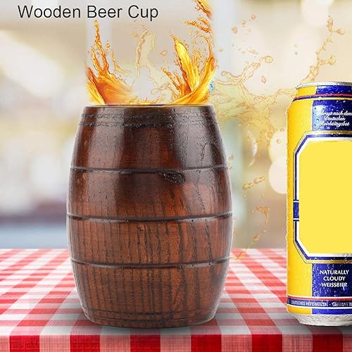Miniatura 4 de ASHATA Taza de cerveza de madera con forma de barril de madera, taza de cerveza retro marrón, jarra artesanal, para vino, café, té, cerveza, regalo,