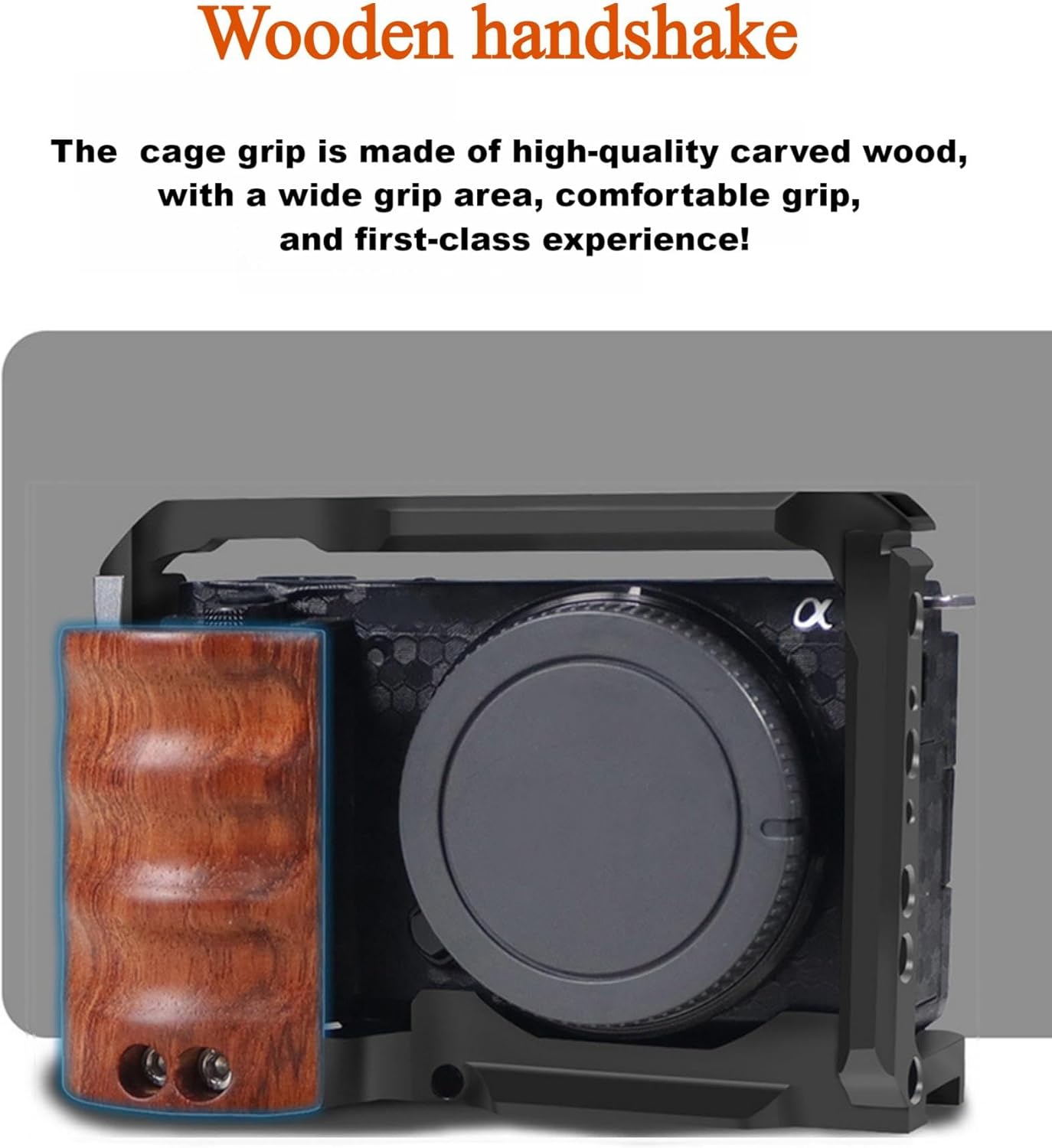 Camera Cage with Wood Handle for Sony Alpha ZV-E10, Aluminum Video Rig (ZVE10-CAGE)