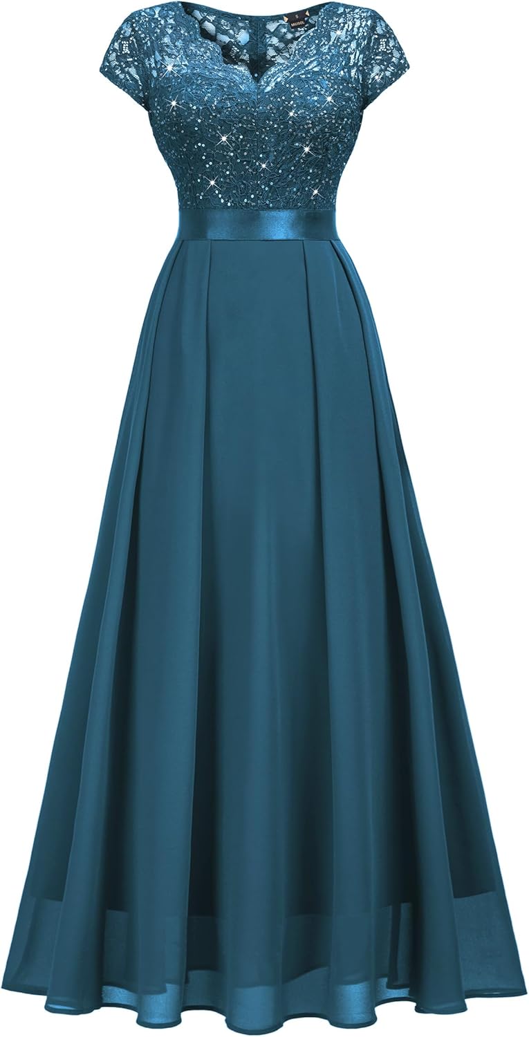 Miusol Women's Elegant V-Neck Cap Sleeve Sequined Floral Lace Formal Party Maxi Dress - Image 3