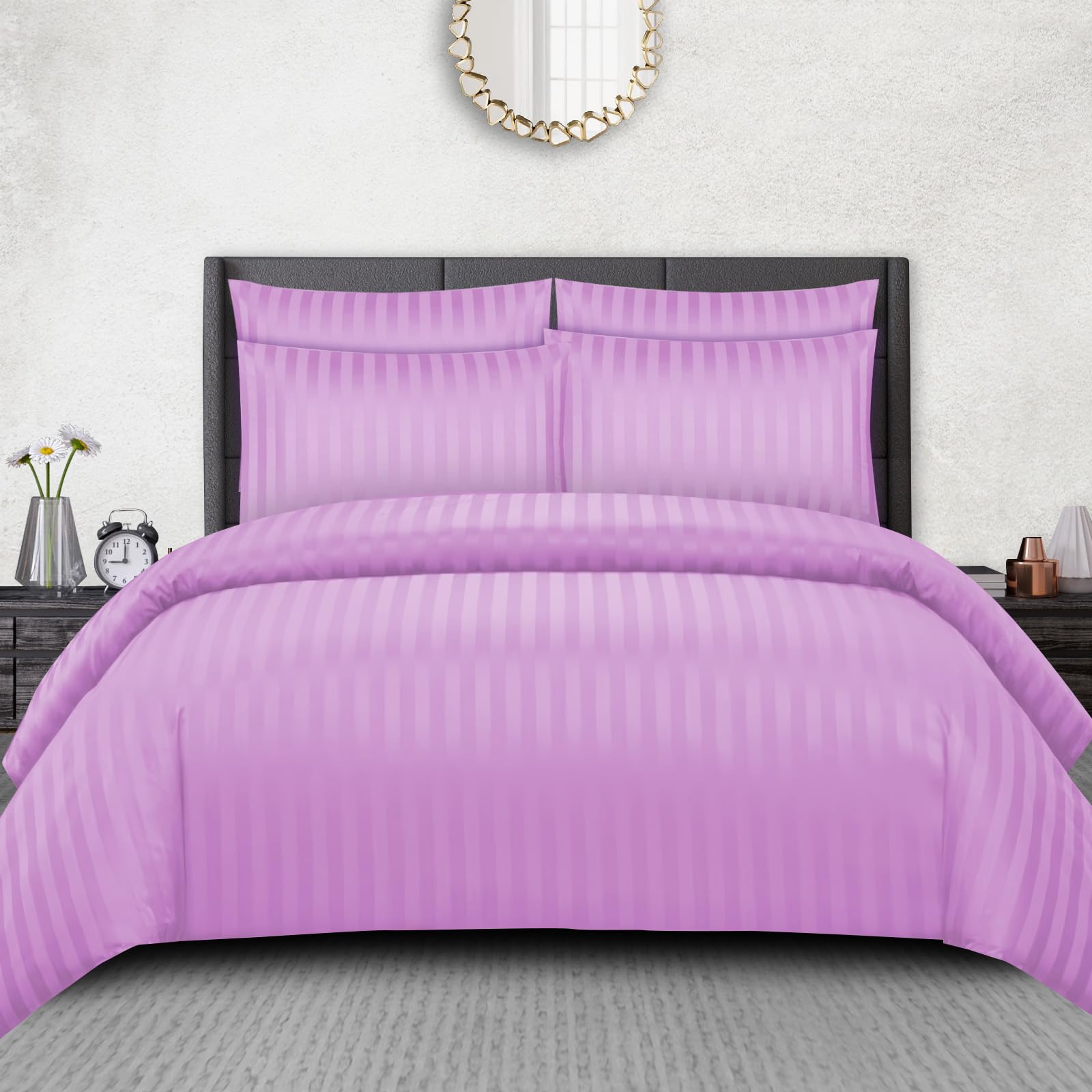 Pamposh Satin Stripe Double Duvet Set - Premium Hotel Quality Quilt Cover Bedding Sets - Hypoallergenic Ultra Soft Microfiber Bed Linen
