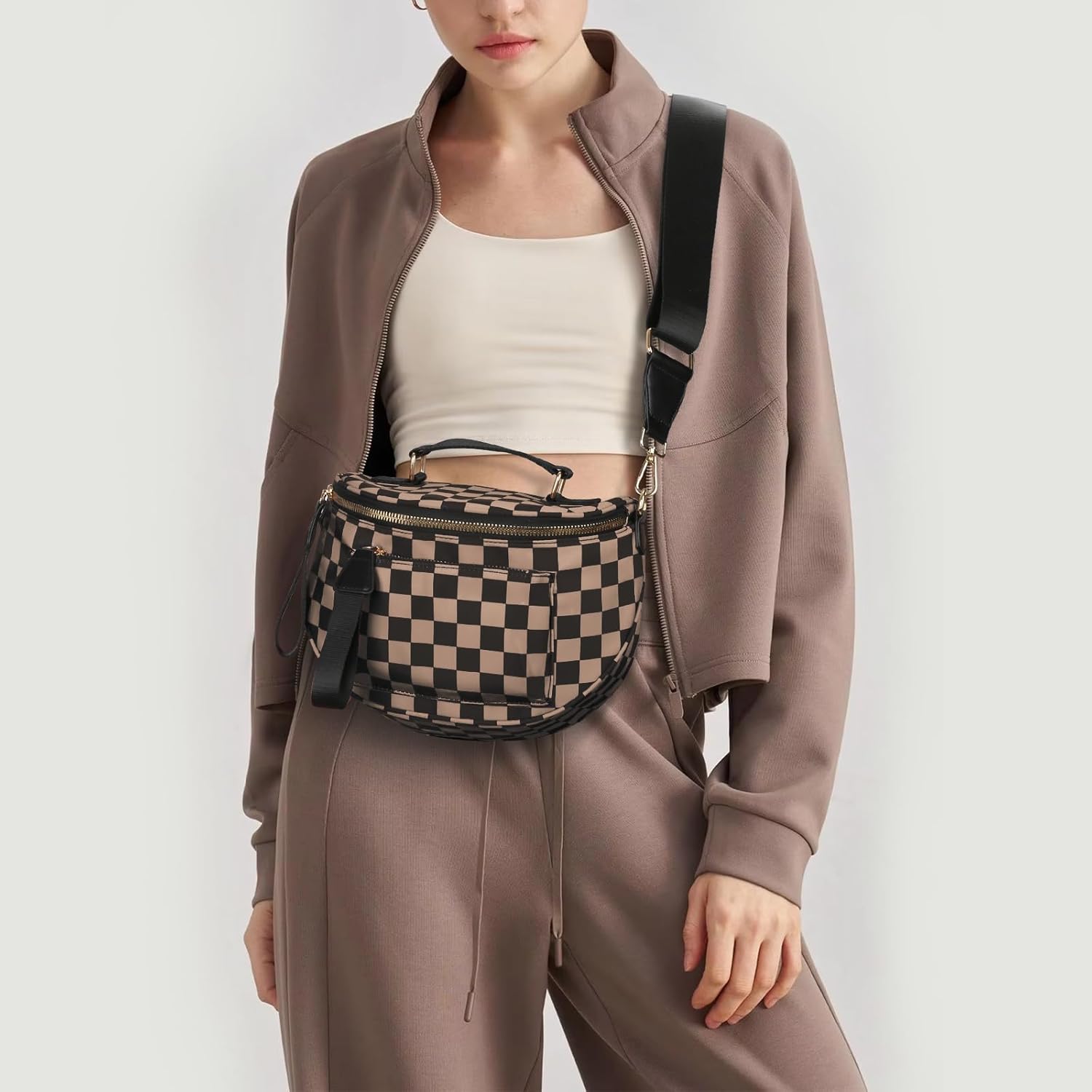 Checkered Bum Bag - Cross Body Bum Bag for Woman Checkered Fanny Pack Large Checker Belt Purse (A02 Khaki) - Image 2
