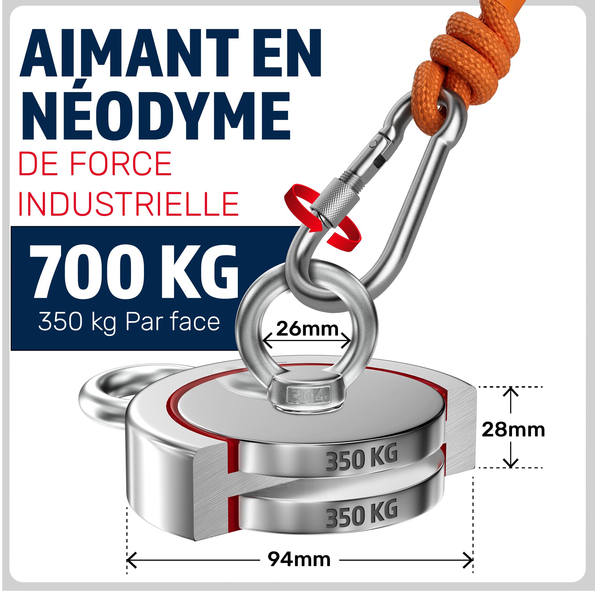 MAGFISHION Aimant Neodyme Puissant - Traction de 700KG (2 x 350KG) - Aimant de Pêche - Ø94mm - Peche a l'aimant avec 2 Cordes, Crochet Triple et Gants - Kit de Pêche Super Magnétique