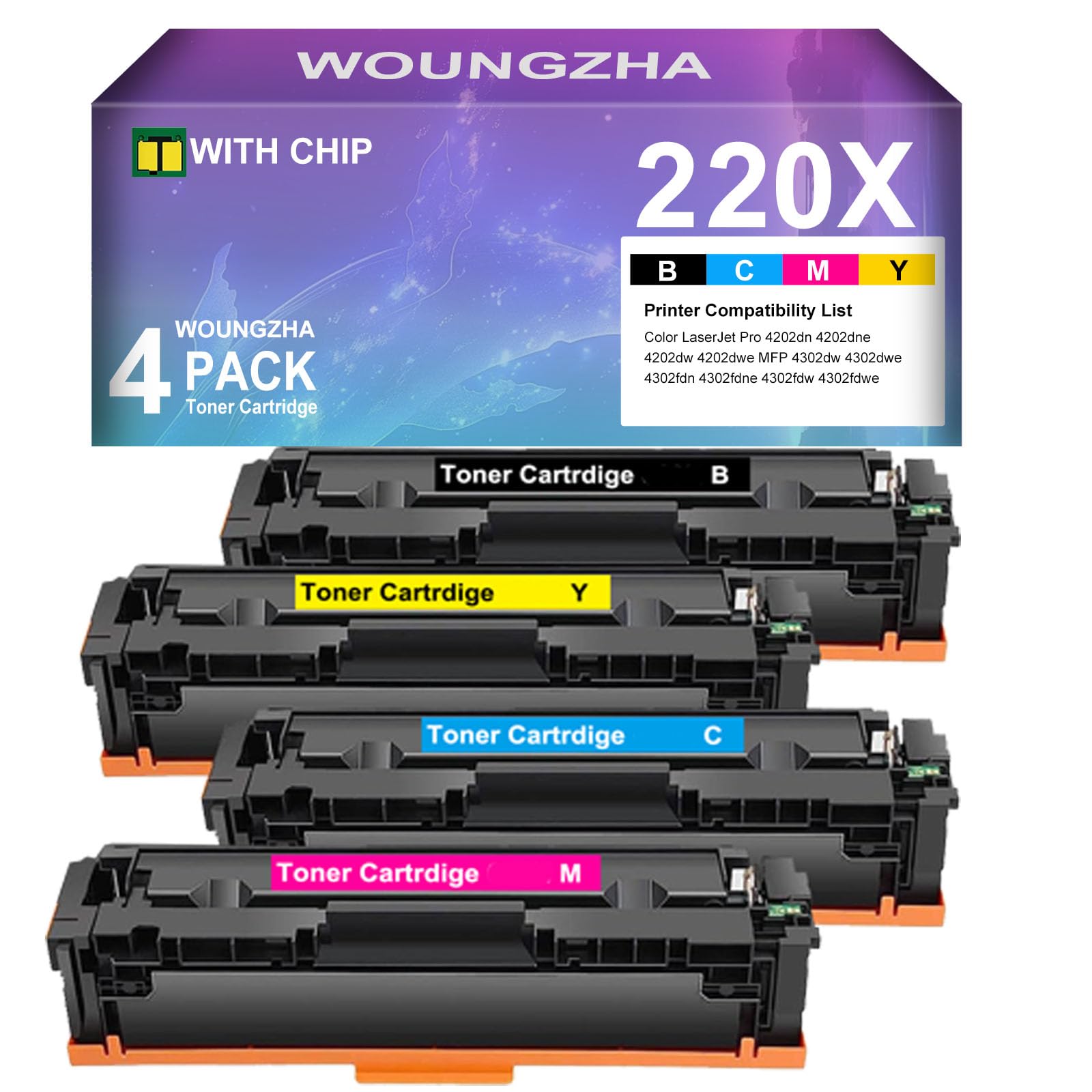 220X 220A Compatible Toner Cartridge with Chip for H P Color Laserjet Pro 4202dn 4202dne 4202dw 4202dwe MFP 4302dw 4302dwe 4302fdn 4302fdne 4302fdw 4302fdwe (4-Pack)