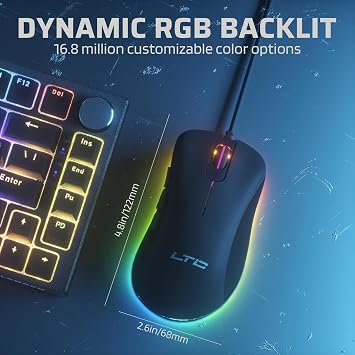 LTC GM-031 Wired Gaming Mouse, 7200 DPI Adjustable, 6 Programmable Macro Buttons, 4 RGB Backlit Mode, Ergonomic Shape, Software Support for Customization, Black