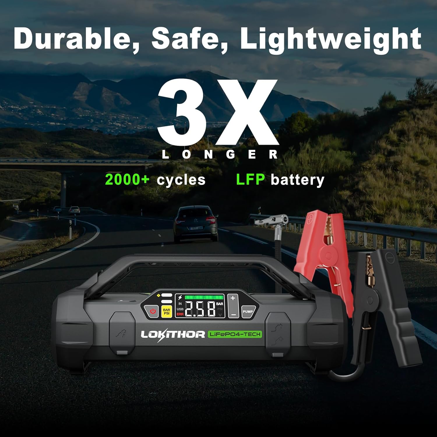 LOKITHOR JA3000 Jump Starter with Air Compressor, 3000Amp 12V Lithium Iron Phosphate (LiFePO4) Car Starter Battery for Up to 9.0L Gas or 7.0L Diesel, 150 PSI Tire Inflator with Digital Screen - Image 2