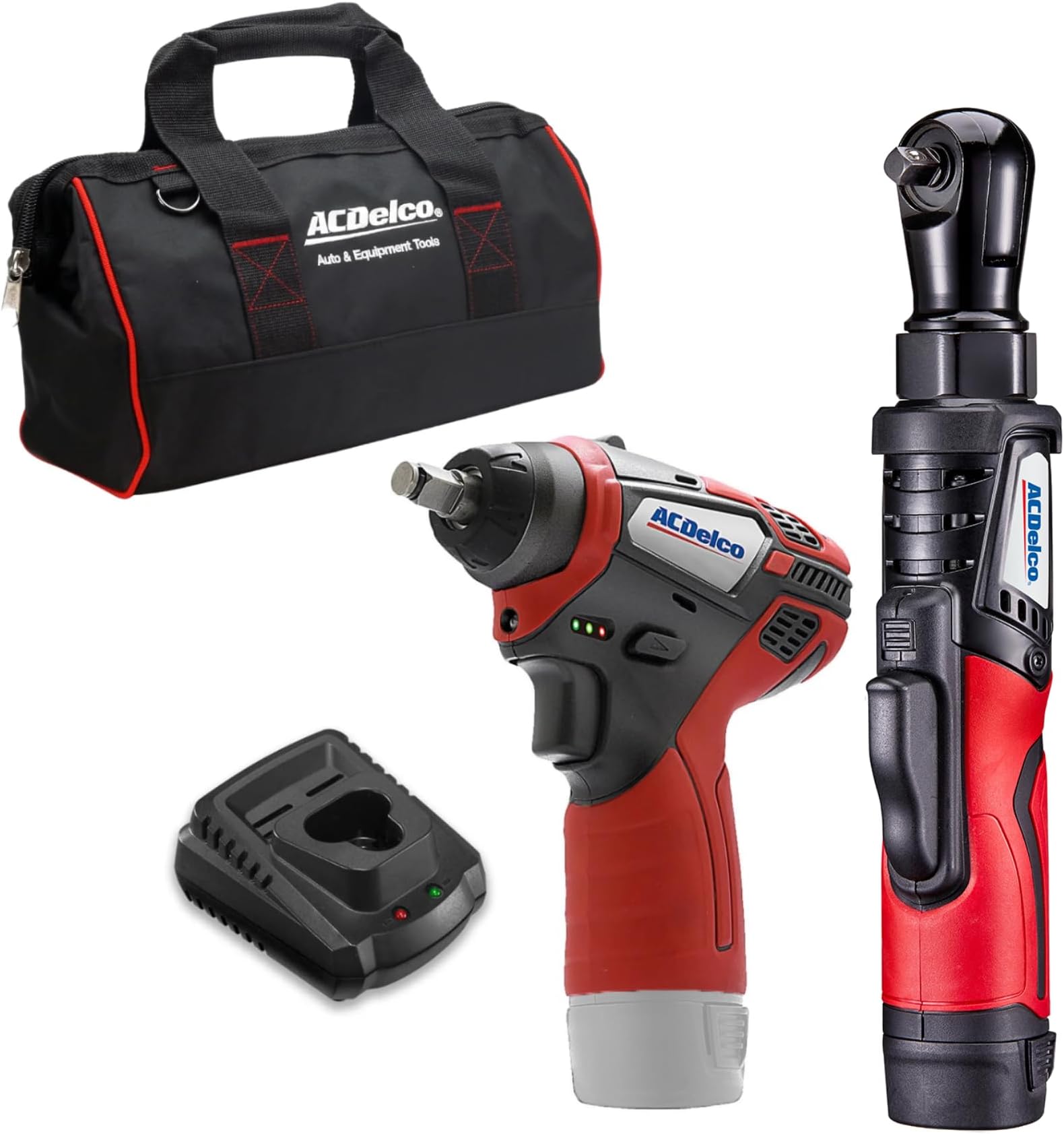 ACDelco G12 Series 2-Tool Combo Kit- 3/8 in. Brushless Ratchet Wrench + 3/8 in. Power Impact Wrench, two battery, charger, and canvas tool bag, ARW12103-K1
