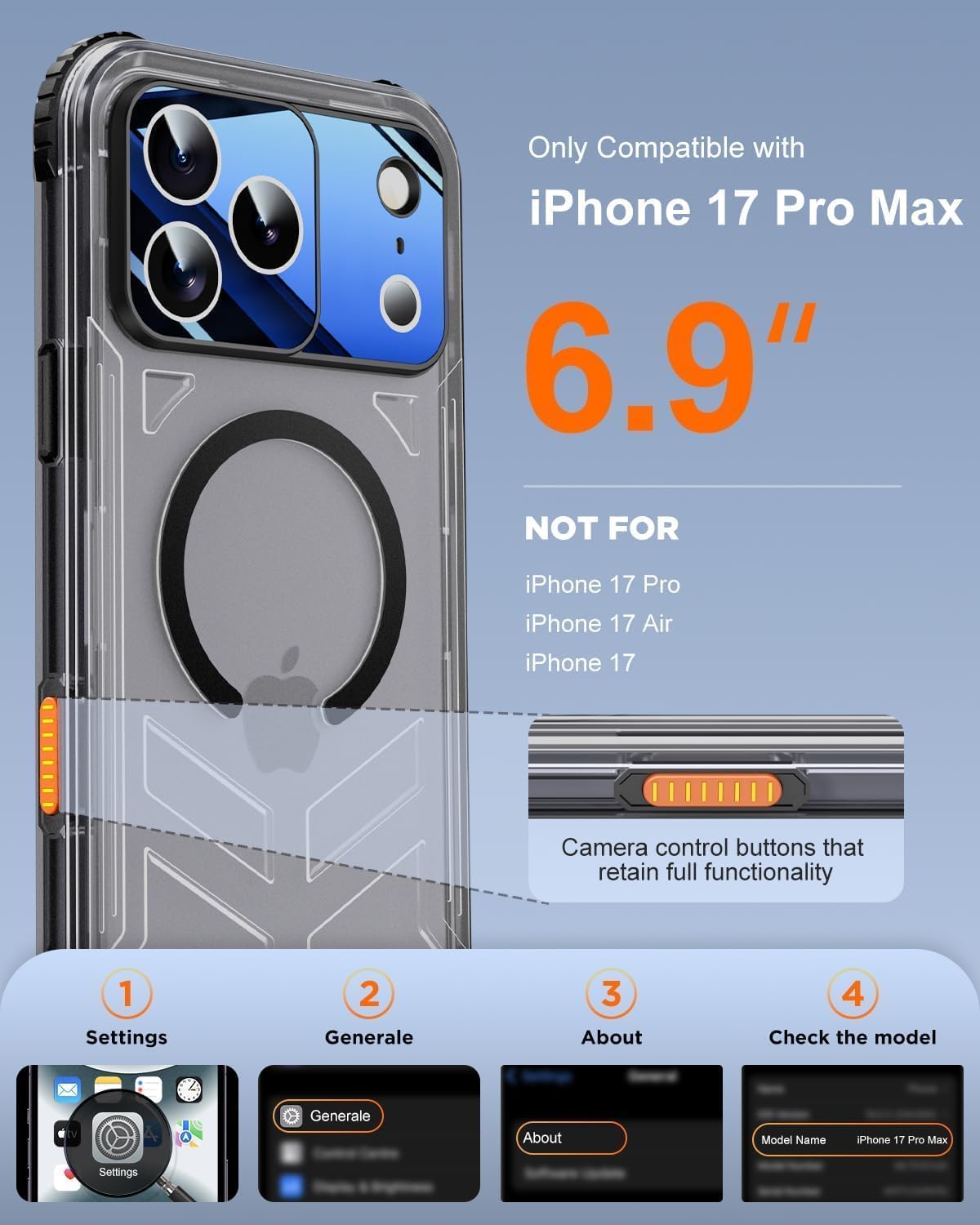 for iphone 17 pro max waterproof case magnetic, built in camera control [screen protector] [lanyard], fit for magsafe heavy duty military rugged full body ip68 phone case, 6.9" frosted black black iphone 17 pro max