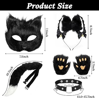 Grantop Cat Mask and Plush Faux Fur Tail Set, Faux Fur Fox Cat Ears Headband Gloves Set, Long Fox Tail Cosplay Party Animal Costume Dress Up for Halloween Christmas Carnival Cosplay Stage