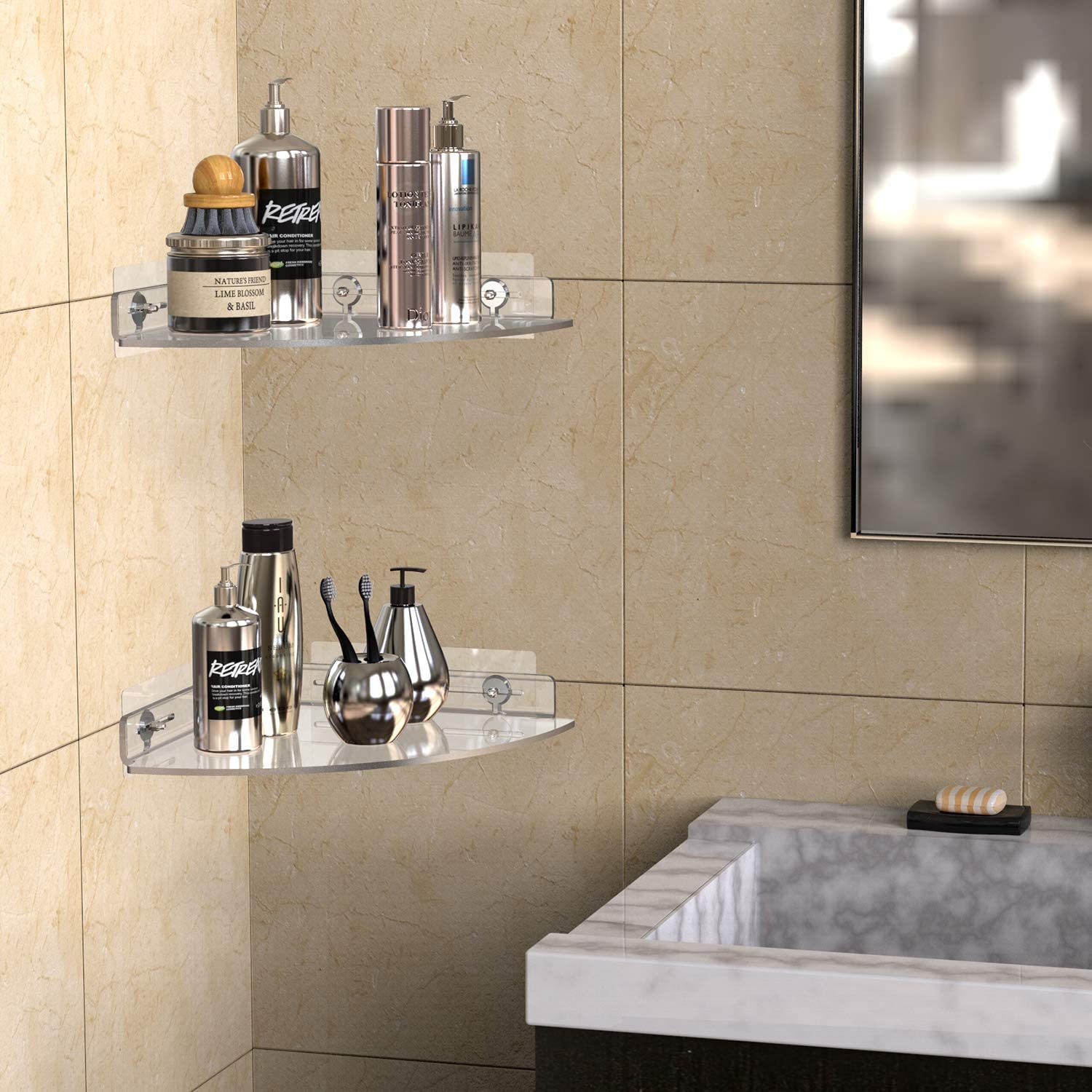 GeekDigg Corner Shower Caddy - Set of 2 No-Drill Acrylic Bathroom Organizer - 10"x11"x2" Wall-Mounted Adhesive Shower Shelf with Razor Holder for Storage - Clear