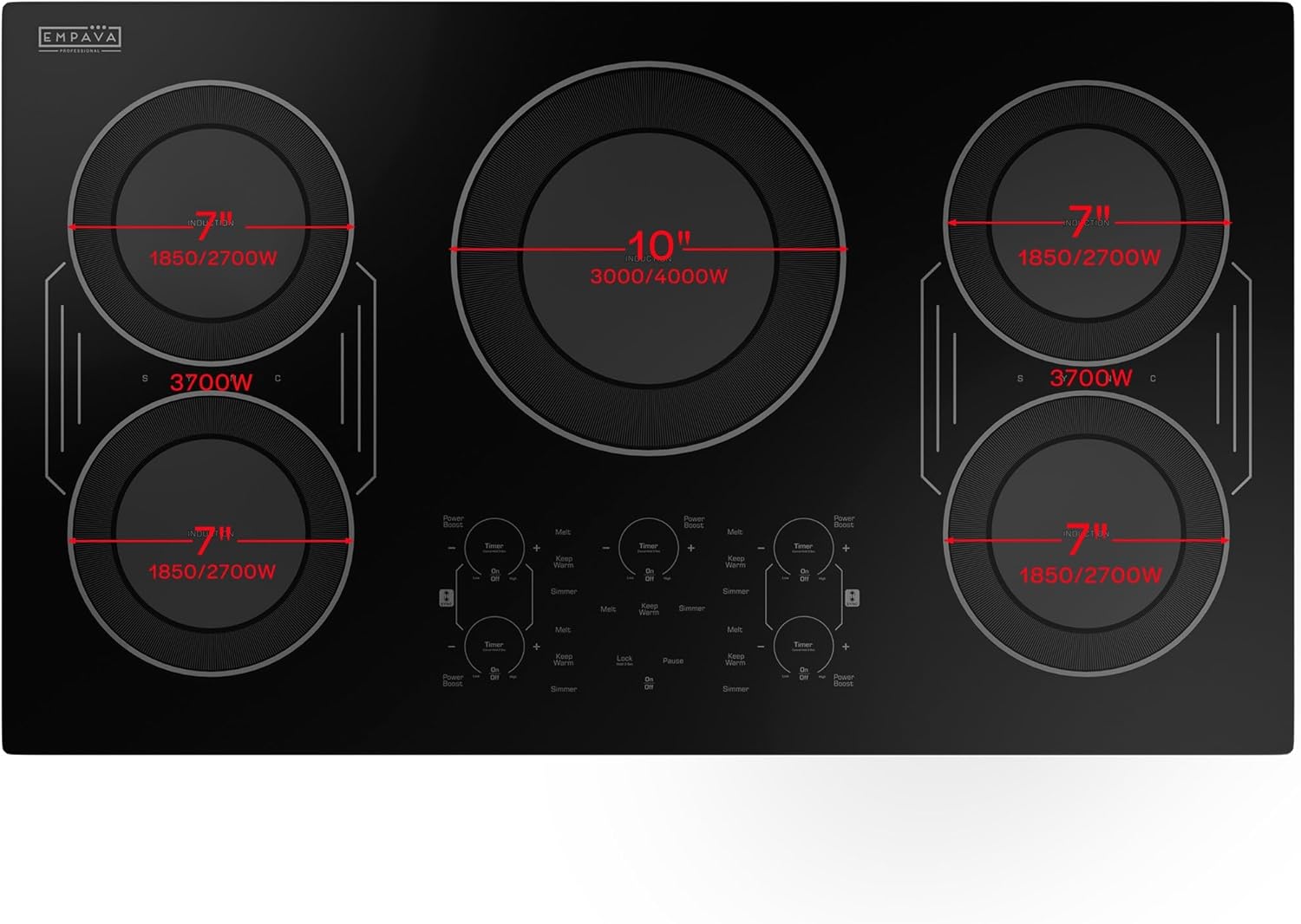 Built-in Electric Induction 36 Inch, Bridge-SYNC Element Auto RapidHeat, 3 Preset Modes, Pan Sensor, Hardwired 208~240V, 50A, Black Vitro Ceramic Glass
