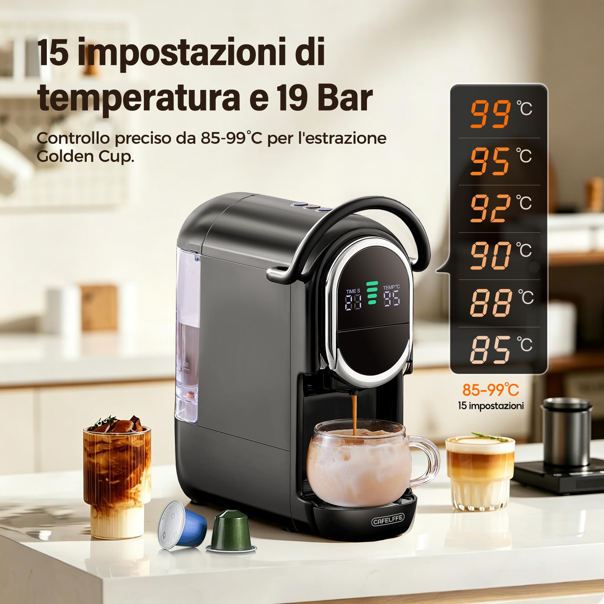 CAFELFFE MK-609S Macchina da caffè a capsule 4 in 1 con pressione di 19 bar, infuso caldo/freddo, espresso compatto per casa e ufficio, Nes Original/DG/ESE/macinato, nero