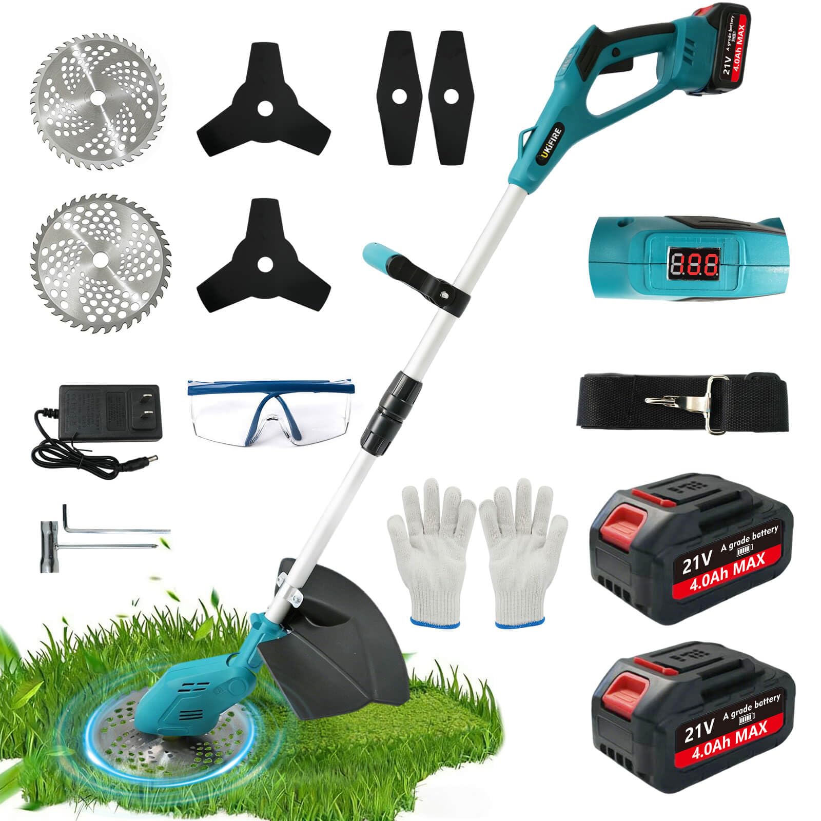 3- in-1 Electric Weed Eater, Brushless Weed Wacker Cordless, Brush Cutter with 2Pcs 4.0Ah Batteries, 1200W Motor, 6 Blades, Battery Powered Grass/String Trimmer Lawn for Yard and Garden
