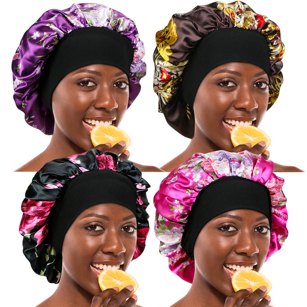 4 Pieces Wide Elastic Band Satin Sleep Bonnet Soft Night Sleeping Cap for Women Haircare