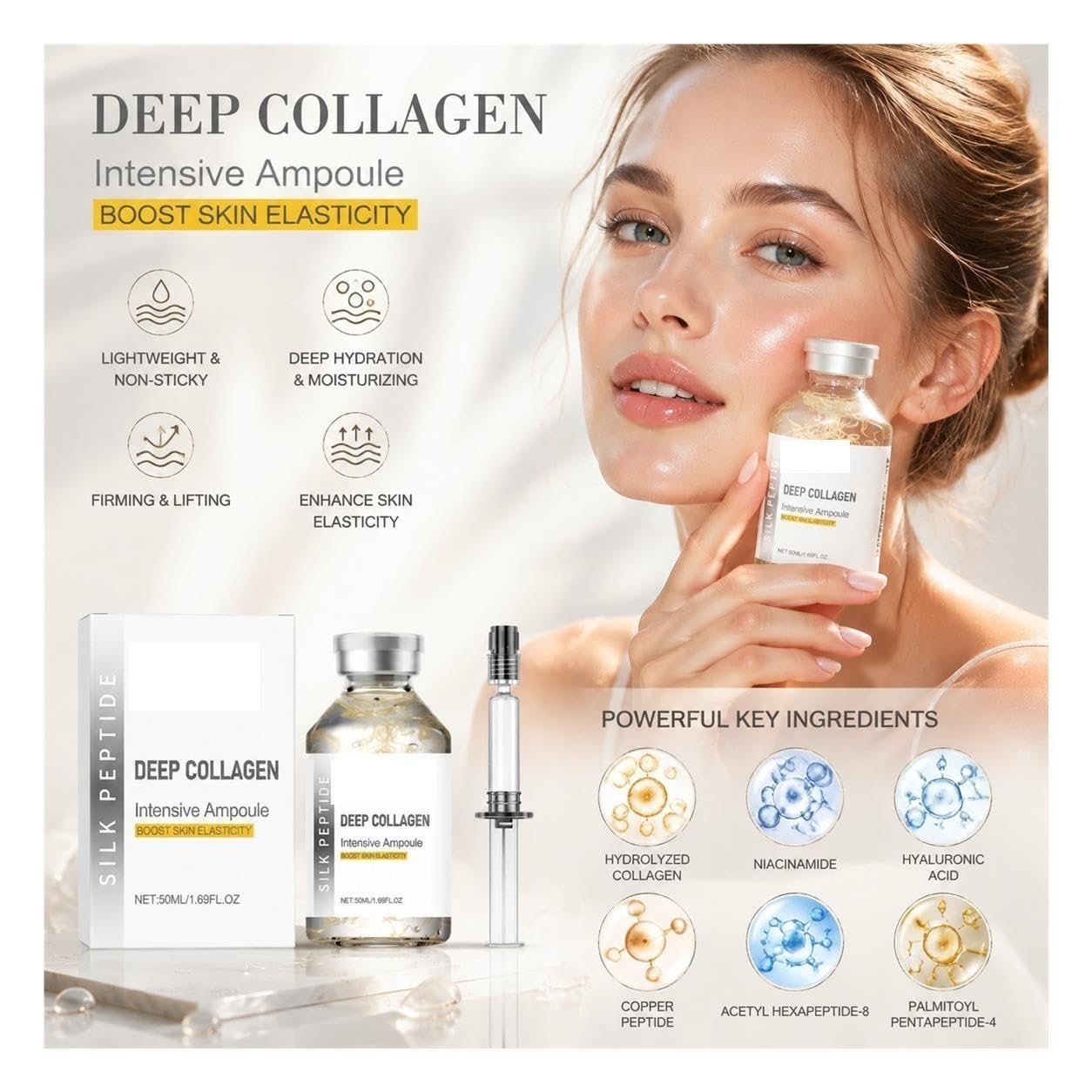 Siero viso rassodante con fiala di peptidi di seta al collagene con peptidi di rame, 50 ml(3pcs)