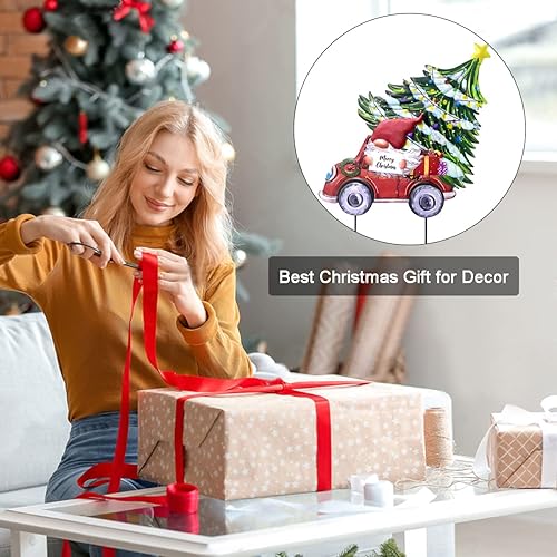Miniatura 7 de Letrero de Navidad con estacas de patio, gnomo de metal y camión rojo con árbol de Navidad y caja de regalo, letrero de bienvenida de metal con