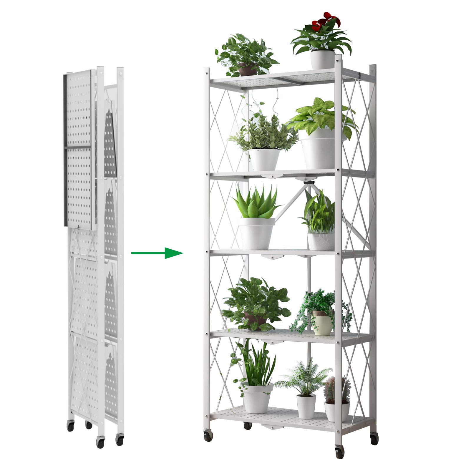 Photo 1 of Storage Shelves 5-Tier Foldable, Rack Shelf with Microwave Oven Stand, Metal Shelves with Wheels, Garage Shelving Free of Installation for Kitchen, Living Room, Bedroom Organizer, Bakers Closet, White White 5 Tier