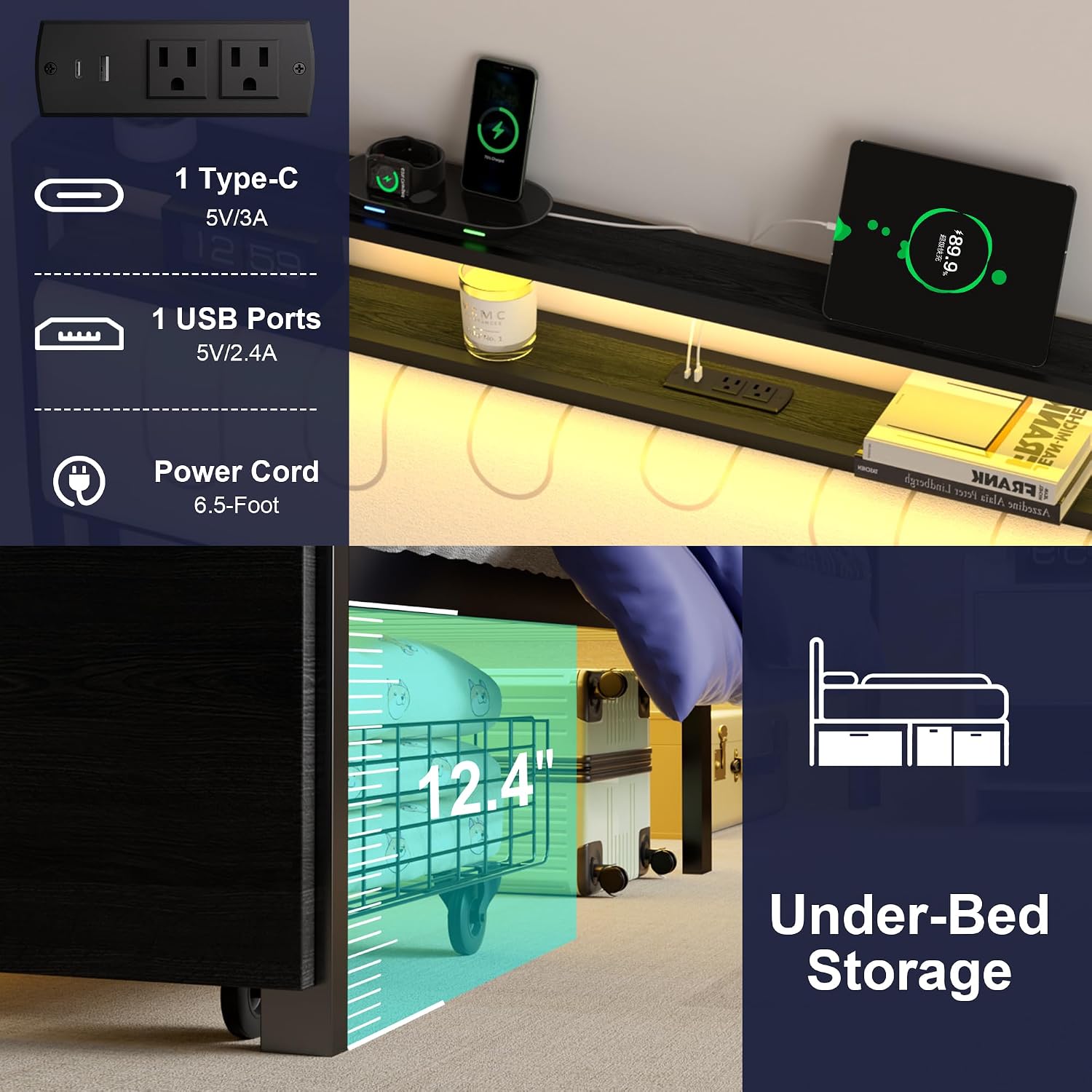 Queen Bed Frame with Headboard, Metal Platform Frame with Smart LED Lights and USB Charging Station, Storage Drawers, Heavy Duty Metal Slats, No Box Spring Needed, Noise Free, Easy Assembly