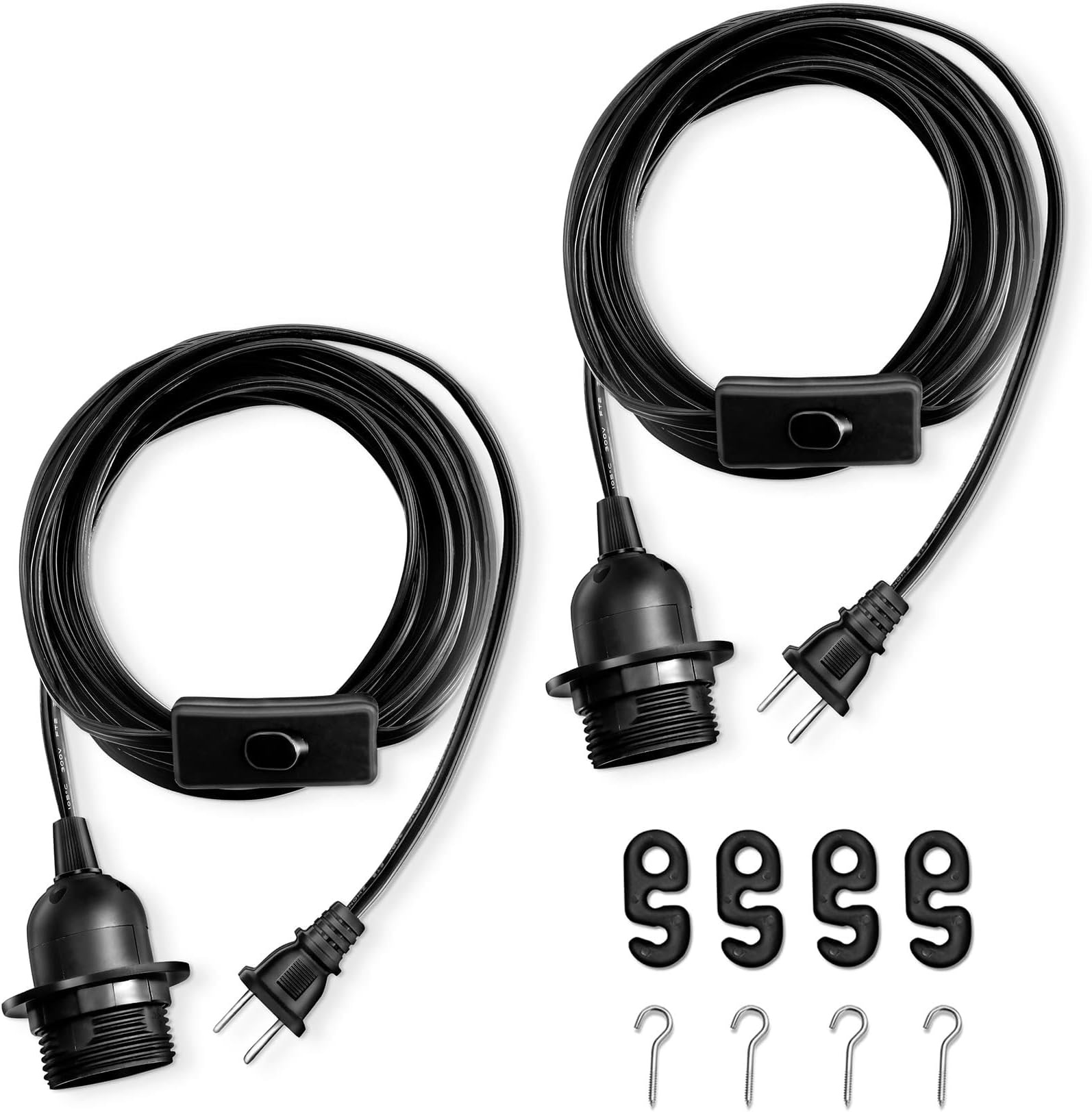 Pendant Light Cord - 10 Feet Hanging Light Bulb with Plug in Cord - 2 Pack Lamp Cord E26 Light Socket with Wire Black Extension Chandelier Lantern Cable with On/Off Switch (No Bulb Included)