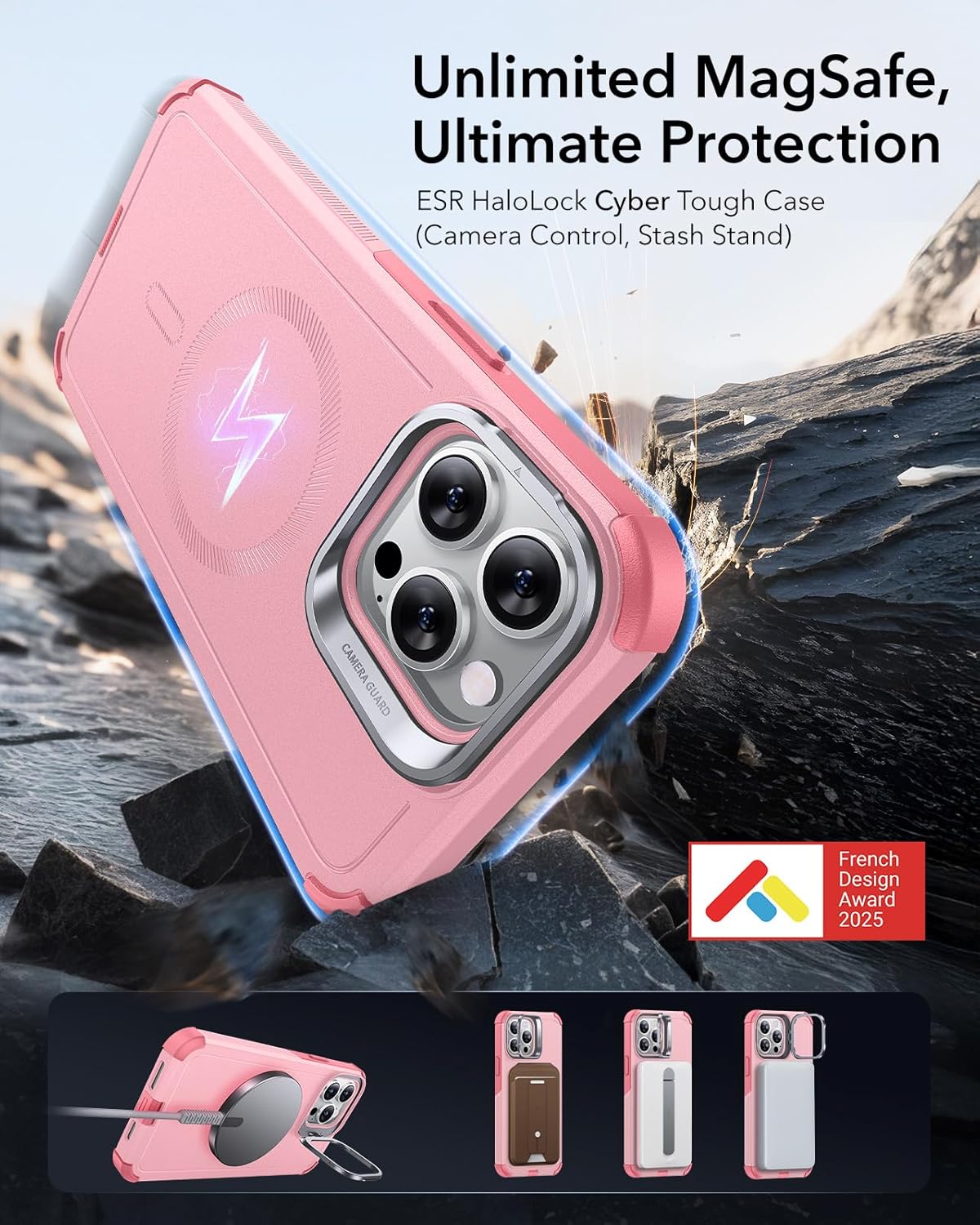 ESR for iPhone 13 Pro Max Case with Stand, 23 ft Military-Grade Drop Protection Heavy Duty Magnetic Phone Case, Compatible with MagSafe Accessories, Cyber Series, Pink - Image 3