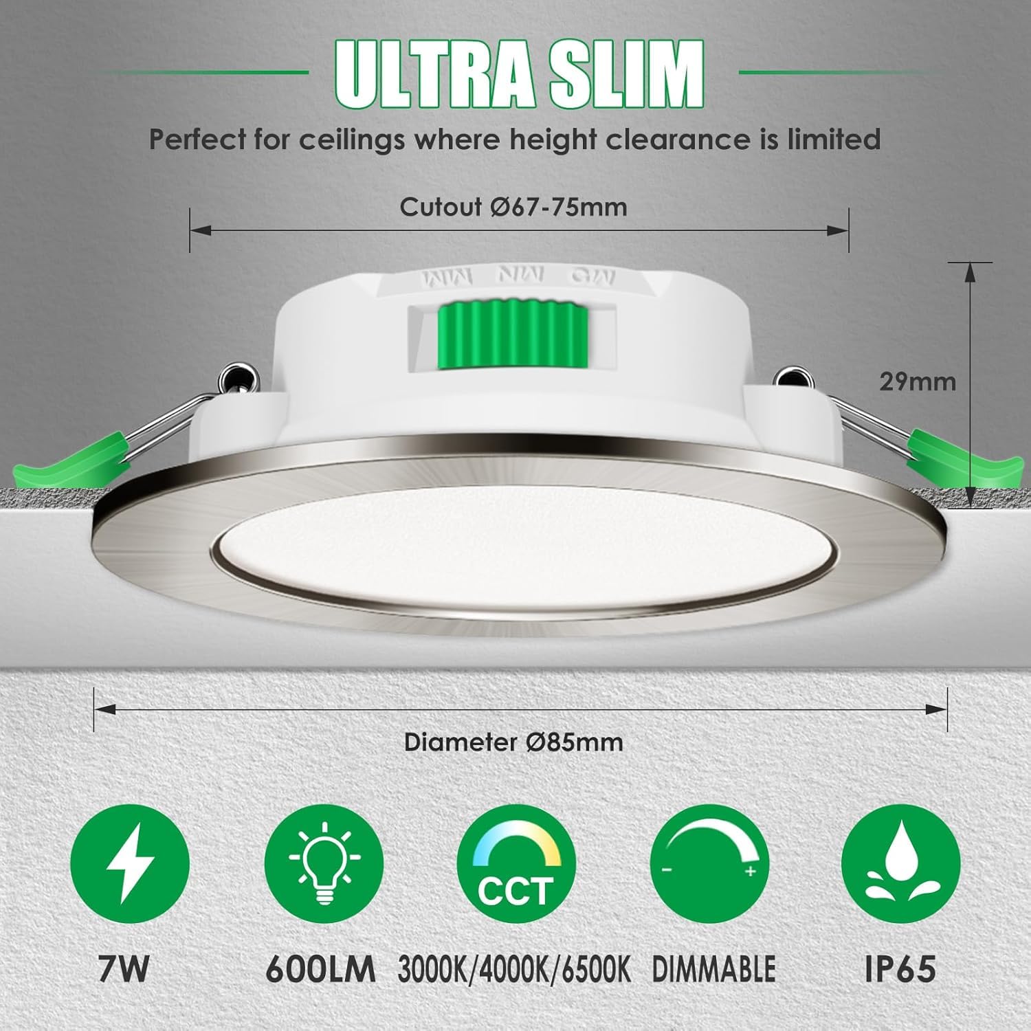ALUSSO Lot de 6 Spot LED Encastrable 68mm 7W Dimmable AC 220-240V 3000K 4000K 6500K IP65 Réglable Plafonnier Encastré Nickel