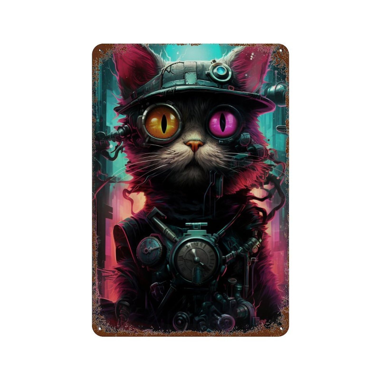 Steampunk Cat Goggles Rust Effect Tin Sign 11.8"x7.9", Industrial Home Decor for Garage, Pub Or Kitchen