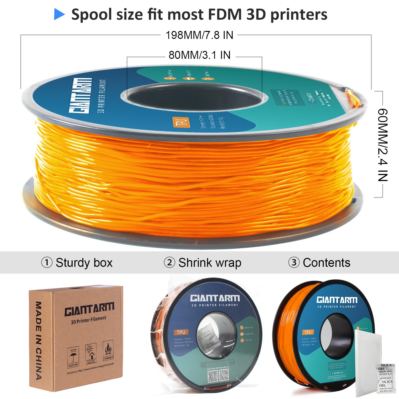 GIANTARM Filament TPU orange, filament TPU 95A de 1,75 mm, précision dimensionnelle +/- 0,03, filament flexible et doux pour imprimante 3D, bobine de 2,2 livres, emballage sous vide (orange)