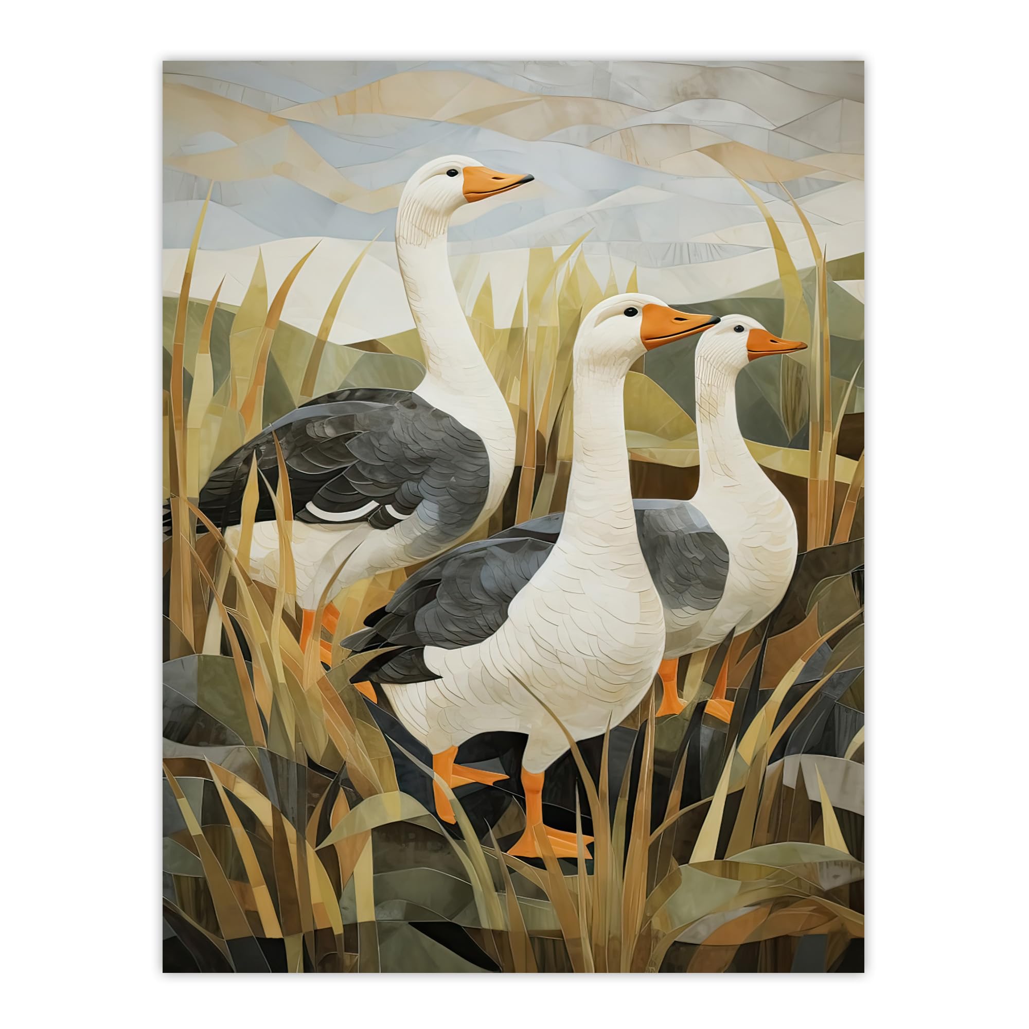 Artery8 Three Wild Geese Stylised Oil Painting Grey Orange Green Pastel Colour Birds in Sweet Flag Plant Countryside Landscape Large Wall Art Poster Print Thick Paper 18X24 Inch