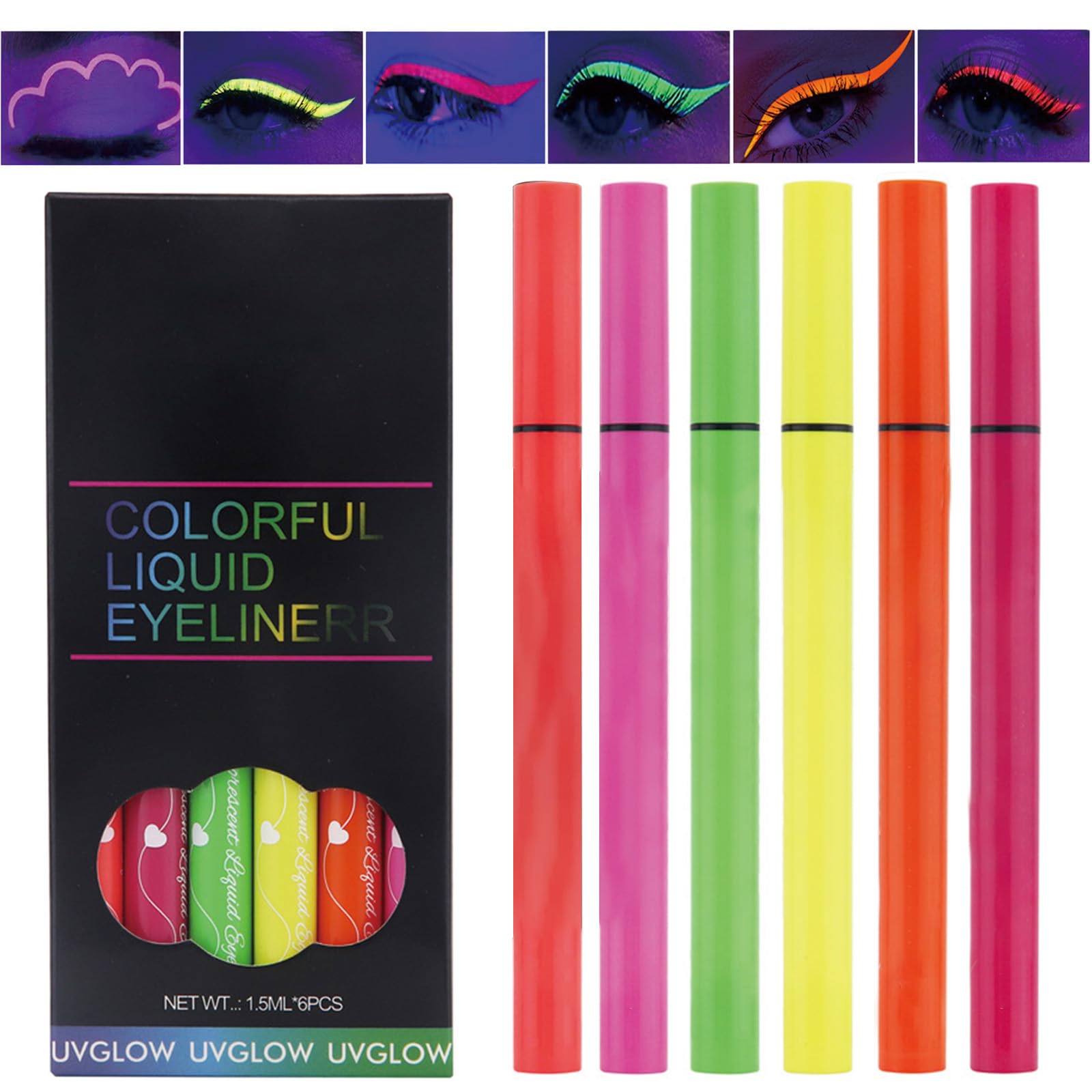 Nivofu Juego de Delineador de Ojos Líquido de Neón de 6 Colores, UV Delineador de Ojos Mate, Larga Duración, Waterproof Eyeliner Colores, Neon Maquillaje de Pintura Facial Corporal para Cosplay