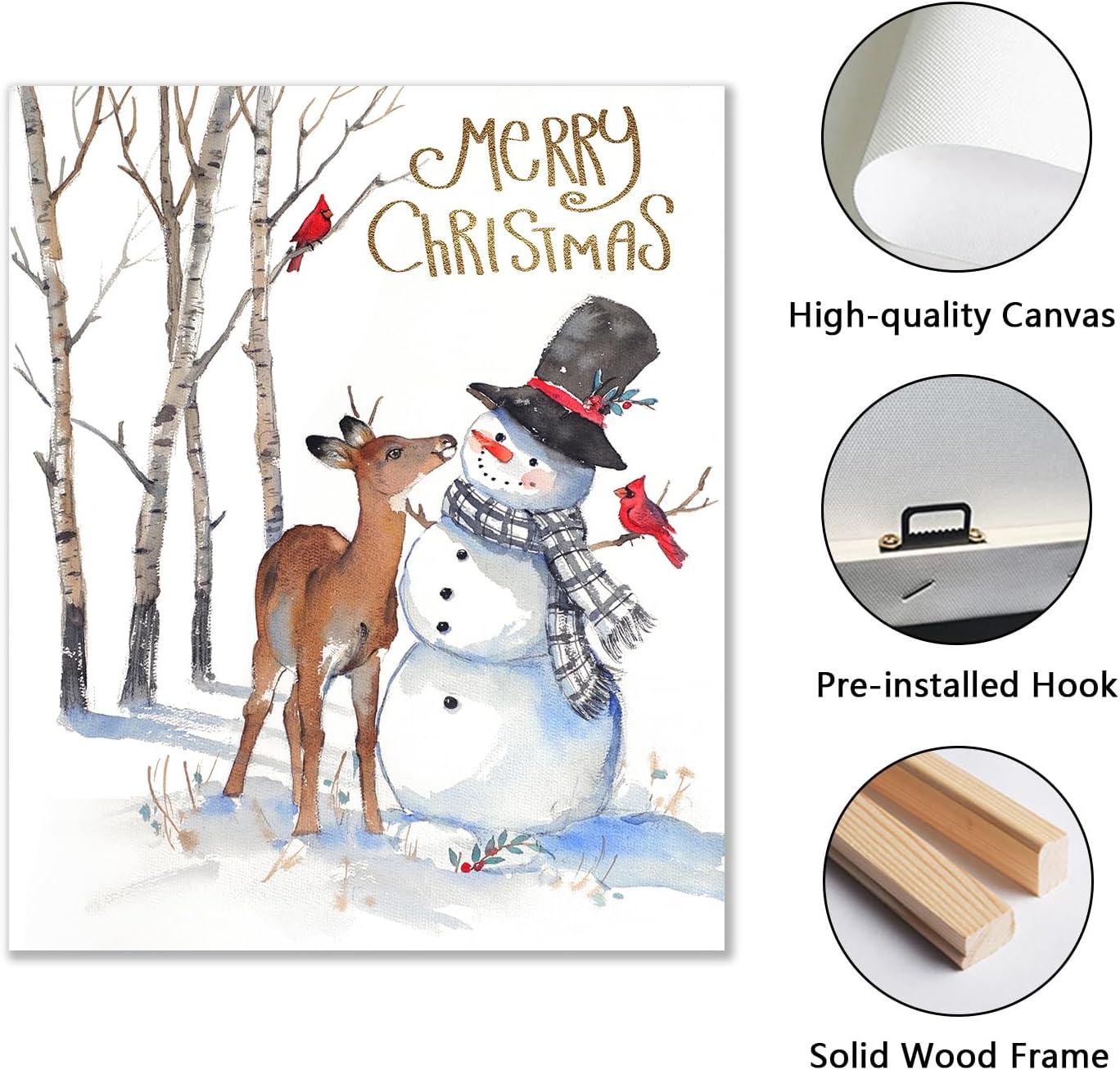 Christmas Canvas Wall Art Decor: Snowman and Deer Decorations Pictures Prints - Winter Scene Aesthetic Painting Artwork Farmhouse Poster Framed 20"x16" Snowman & Reindeer 20"L x 16"W