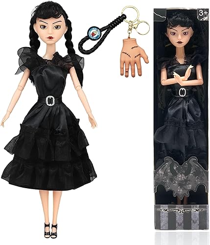 Muñeca Addams de 11.5 pulgadas con caja de regalo, vestido negro, tacones altos y cabello, regalo perfecto de juguete de Halloween para niñas y