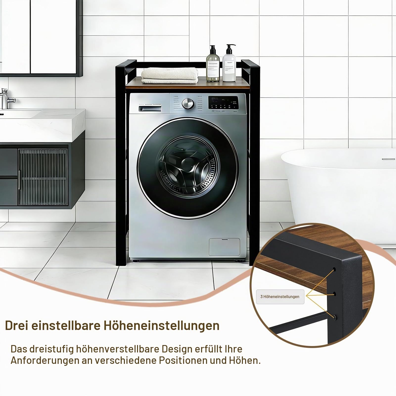 Waschmaschinenregal, Regal für Waschmaschine und Trockner –350kg Tragkraft, Waschmaschine Trockner Schrank mit 3 Einstellbaren HöHenverstellbares, Waschmaschinenschrank 95x105x65cm (Schwarz)