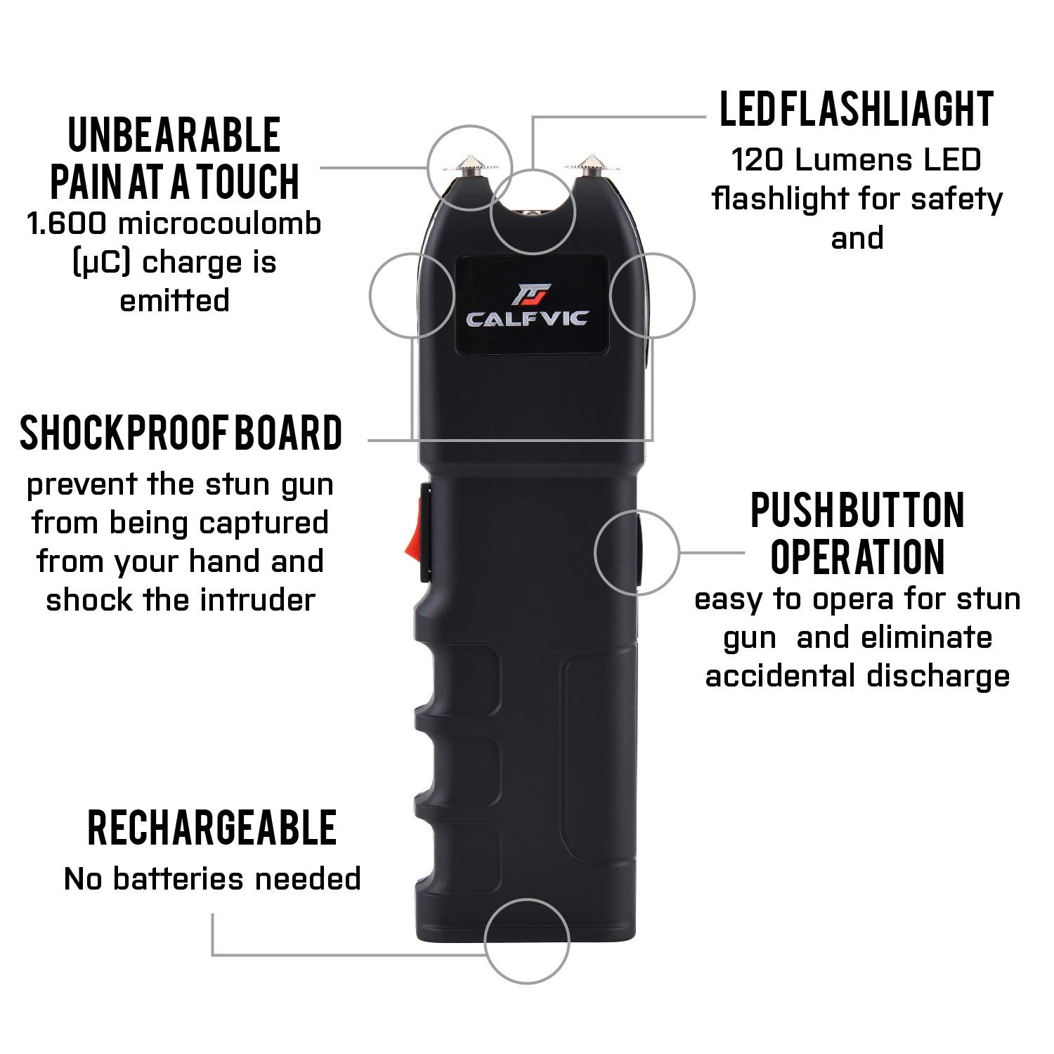 CALFVIC Stun Gun with Flashlight and AntiGrab Design, 20KHz 1.60 µC