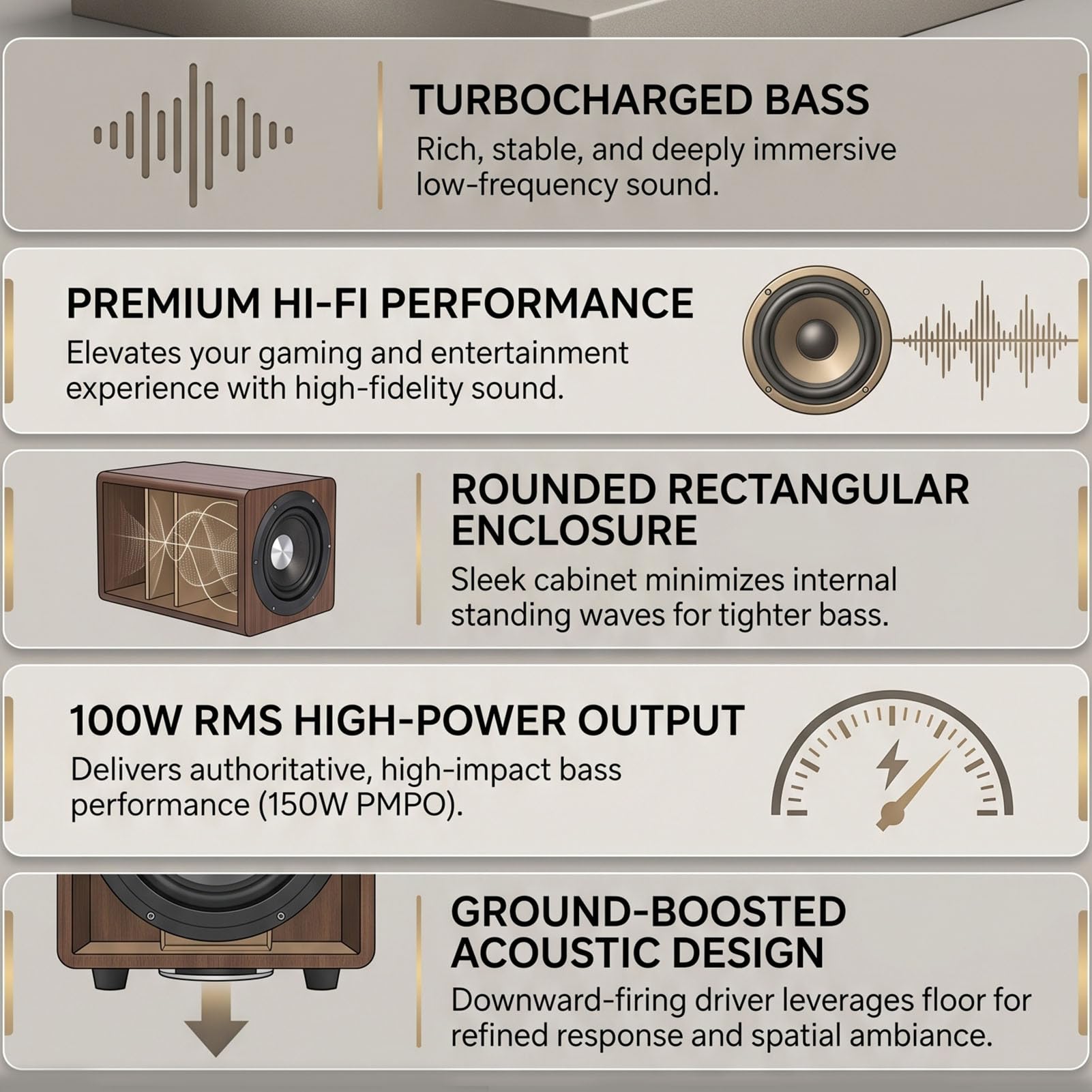 Garsent Subwoofer Amplificato con Altoparlante da 6,5 ​​pollici e Cabinet con Venature del Legno, Subwoofer Attivo per Bassi Profondi con 100 W RMS, Indipendente per TV per (Spina europea)